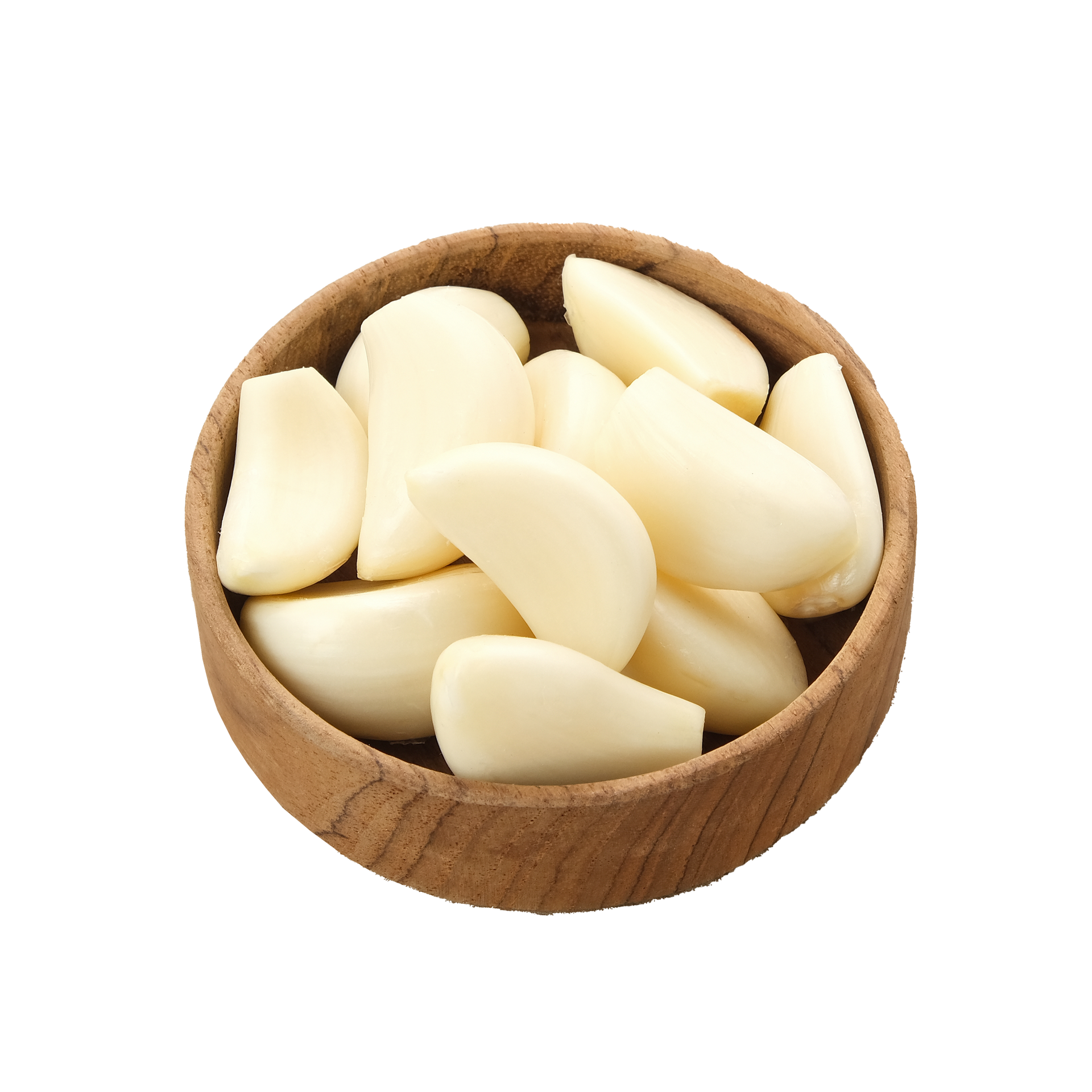 JPOT Japanese BBQ peeled garlic cloves in a wooden bowl angled view