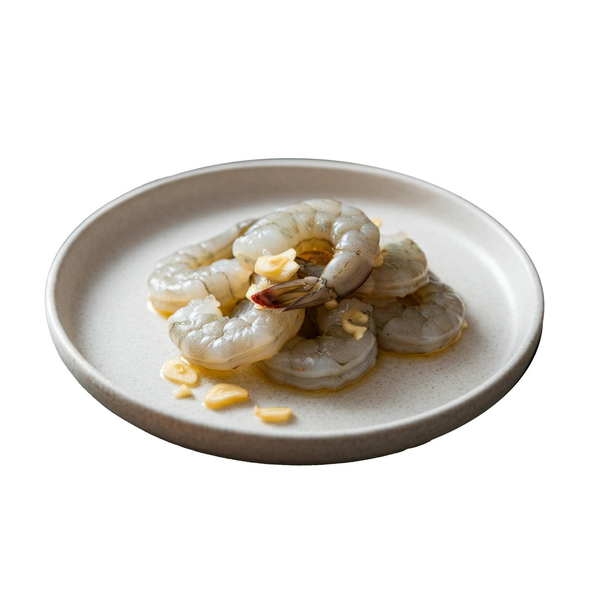 JPOT Japanese BBQ raw garlic shrimp on a white plate angled view