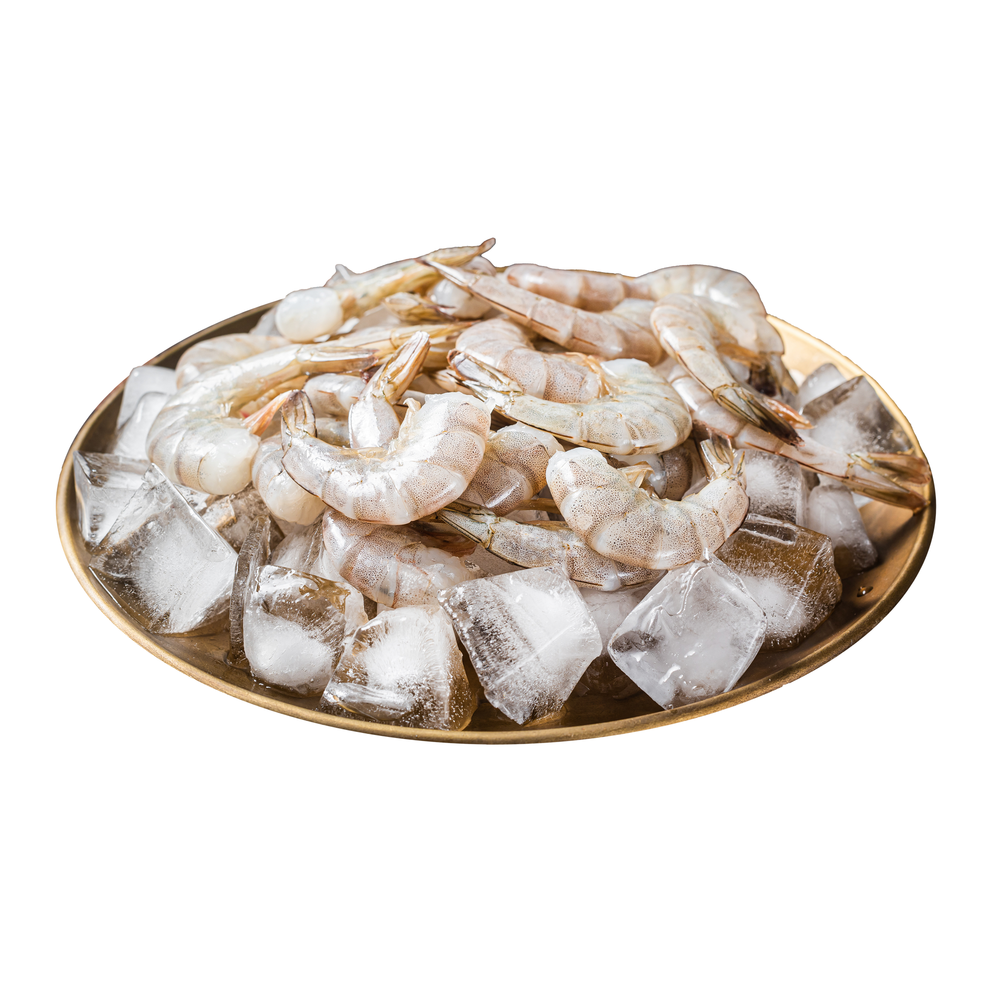 JPOT Japanese BBQ raw headless shrimp over ice on a gold plate angled view