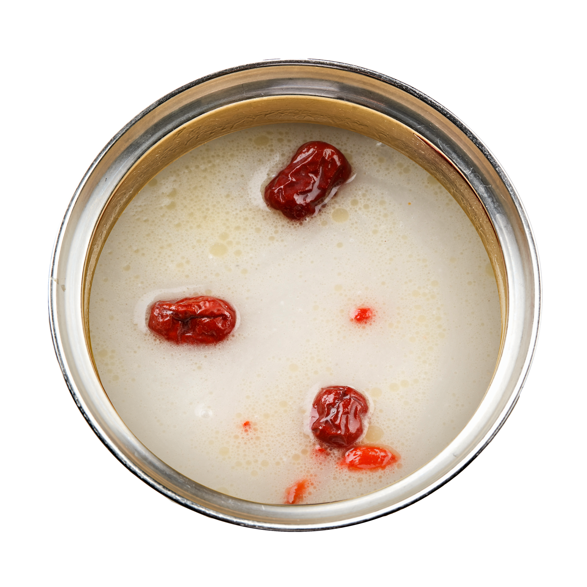 JPOT Japanese hot pot healthy herbs broth in a metal pot bird's eye view