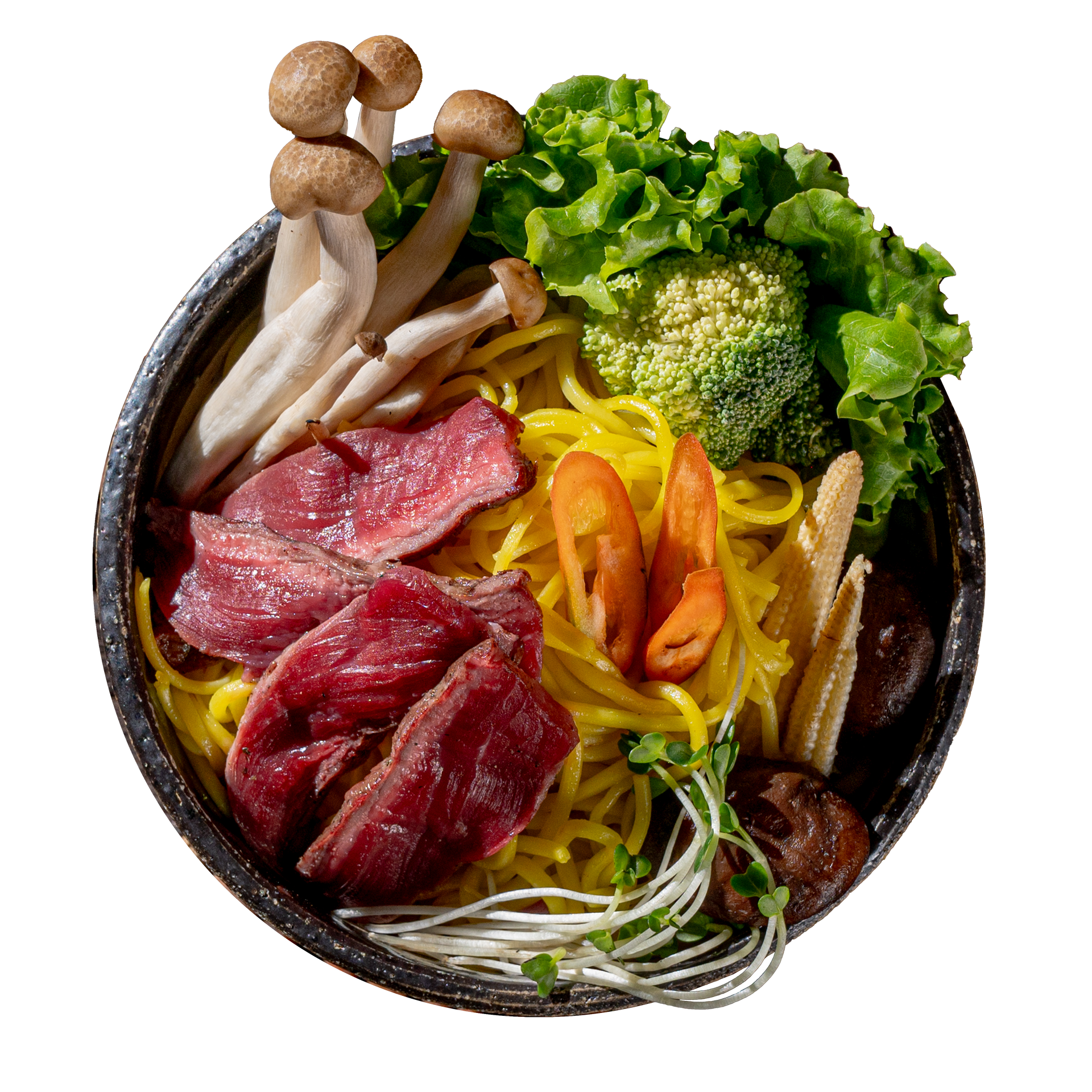 JPOT Japanese hot pot with broccoli noodles, meat, mushrooms and other veggies in a black pot bird's eye view