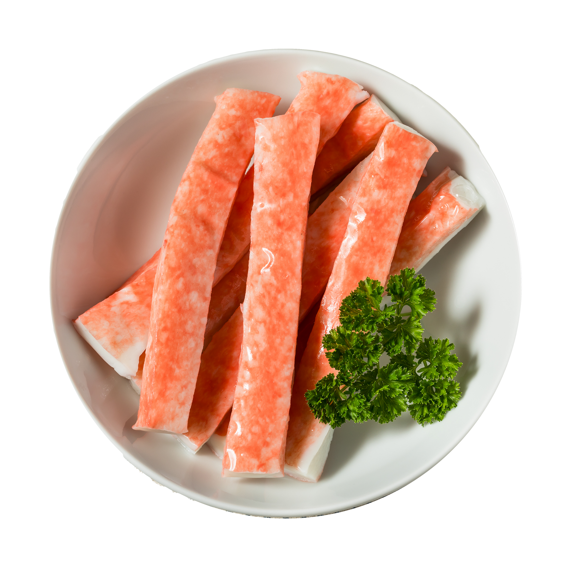 JPOT Japanese hot pot imitation crab meat sticks on a white plate bird's eye view