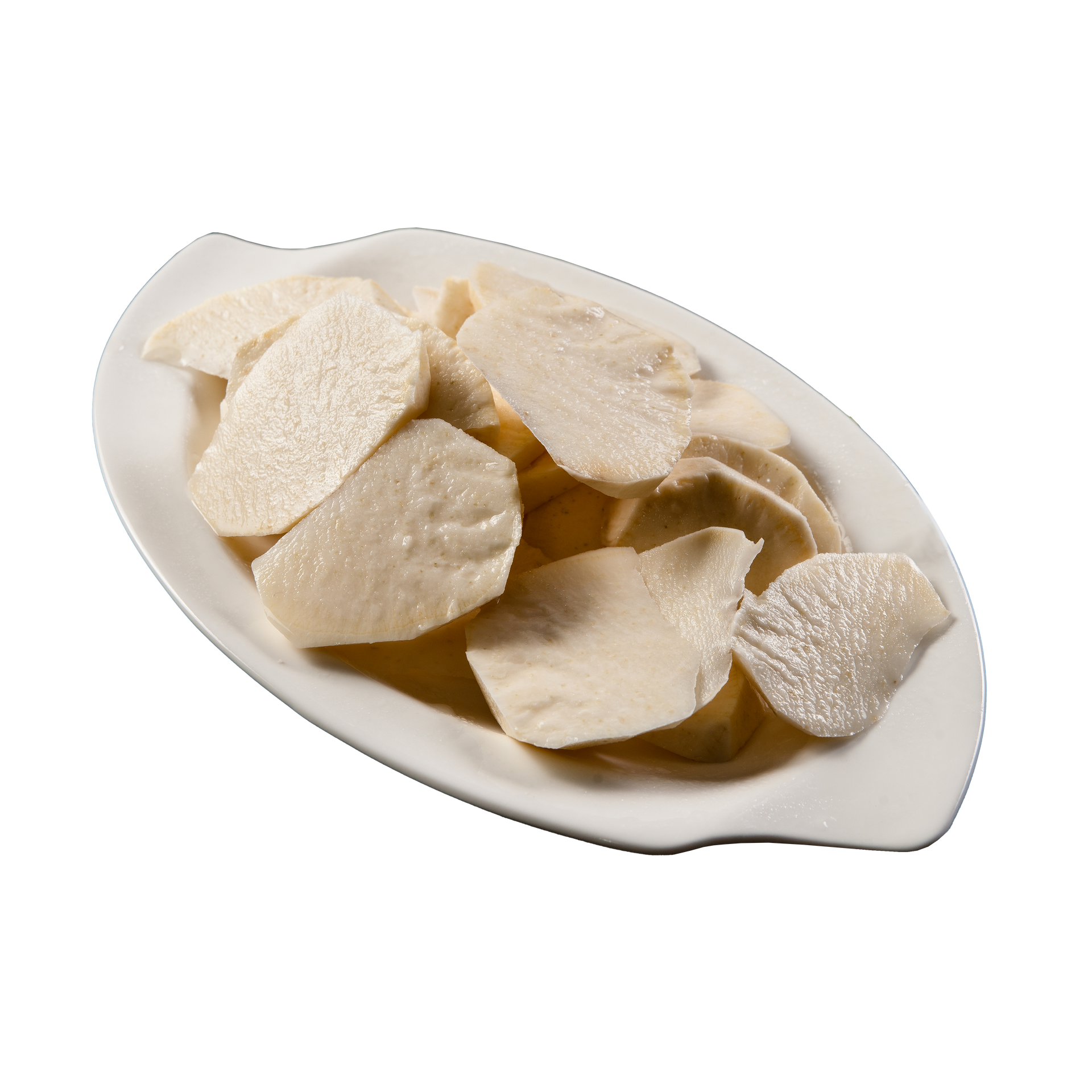 JPOT Japanese BBQ sliced king mushrooms in a white plate angled view