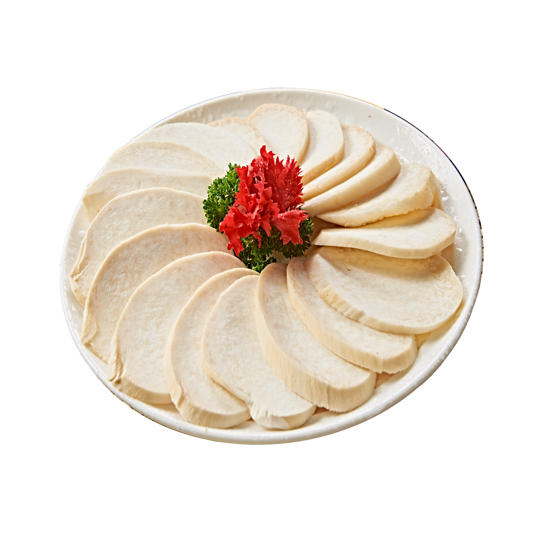 JPOT Japanese hot pot sliced king mushrooms on a white plate bird's eye view