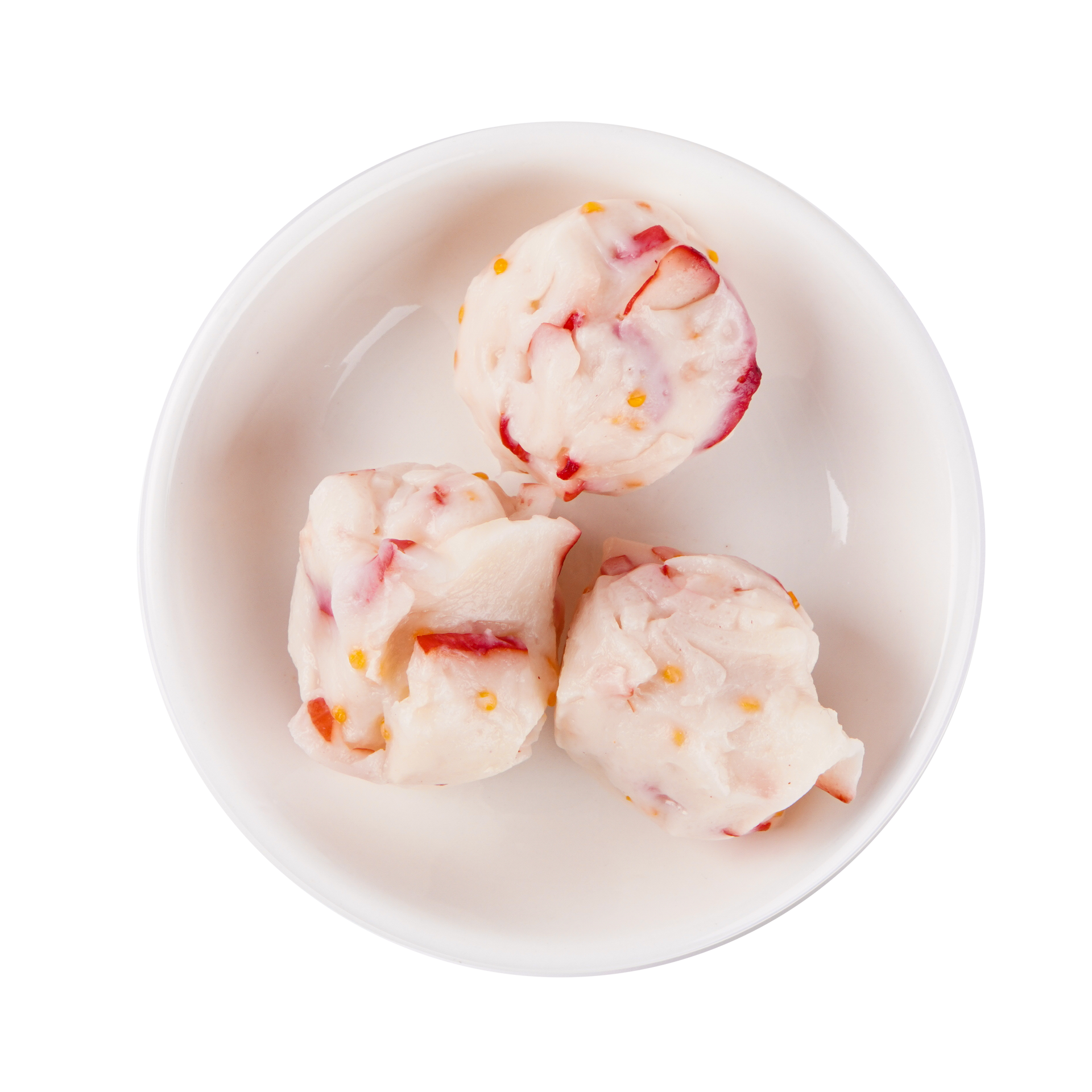 JPOT Japanese hot pot three lobster meatballs in white bowl bird's eye view