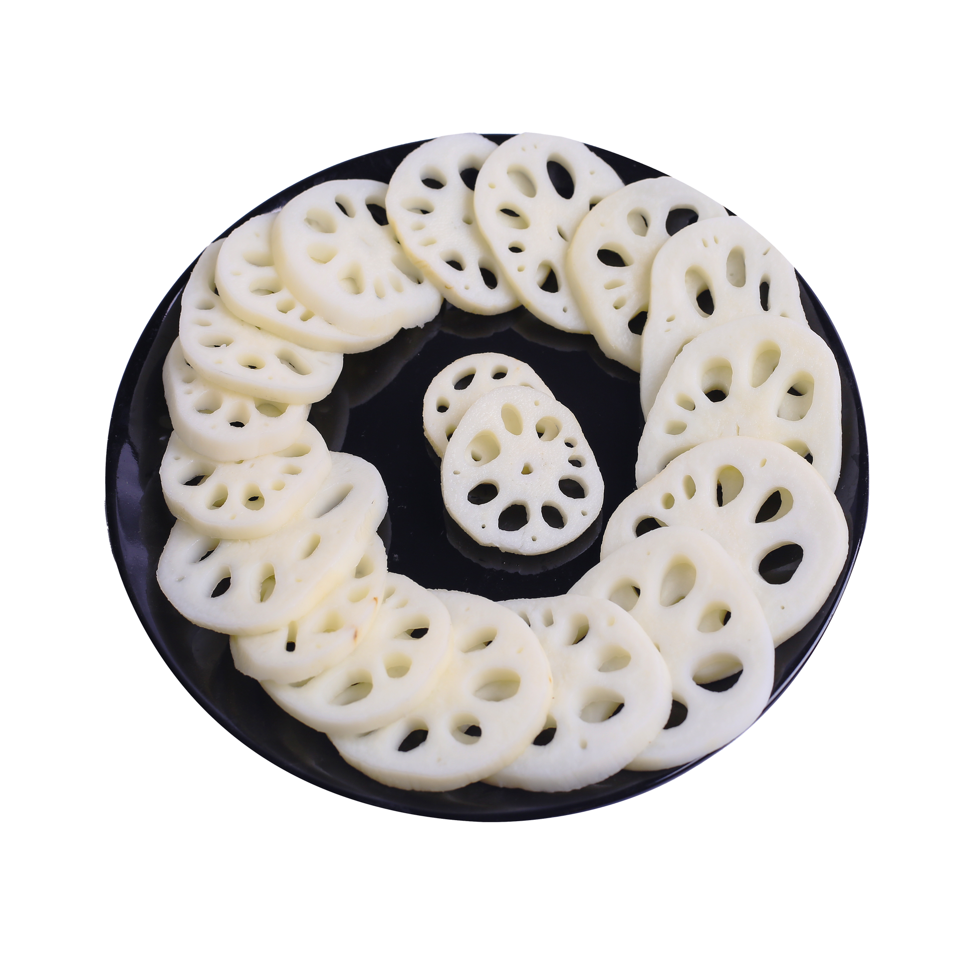 JPOT Japanese hot pot sliced raw lotus root on a black plate bird's eye view