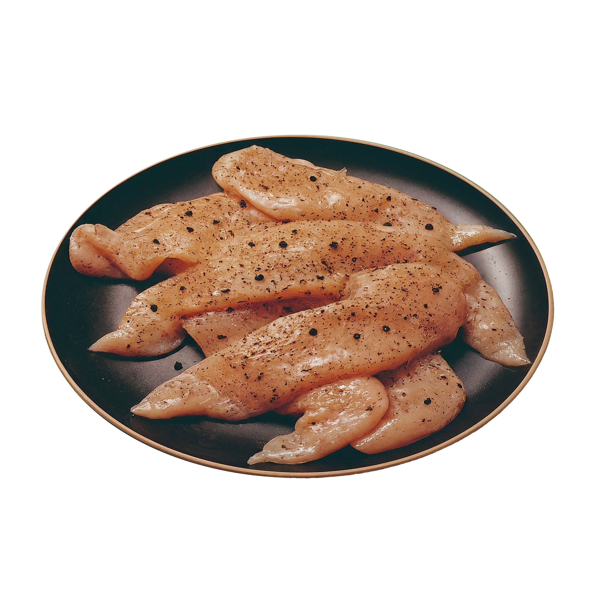 JPOT Japanese BBQ raw marinated chicken breast on a black plate angled view