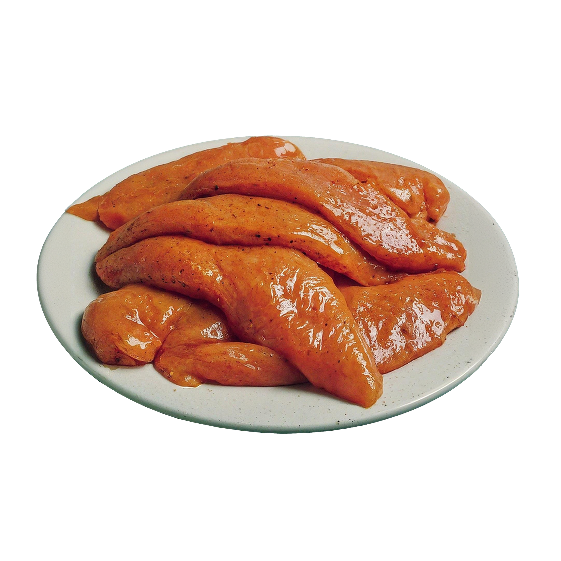 JPOT Japanese BBQ raw marinateed chicken on a light gray plate angled view