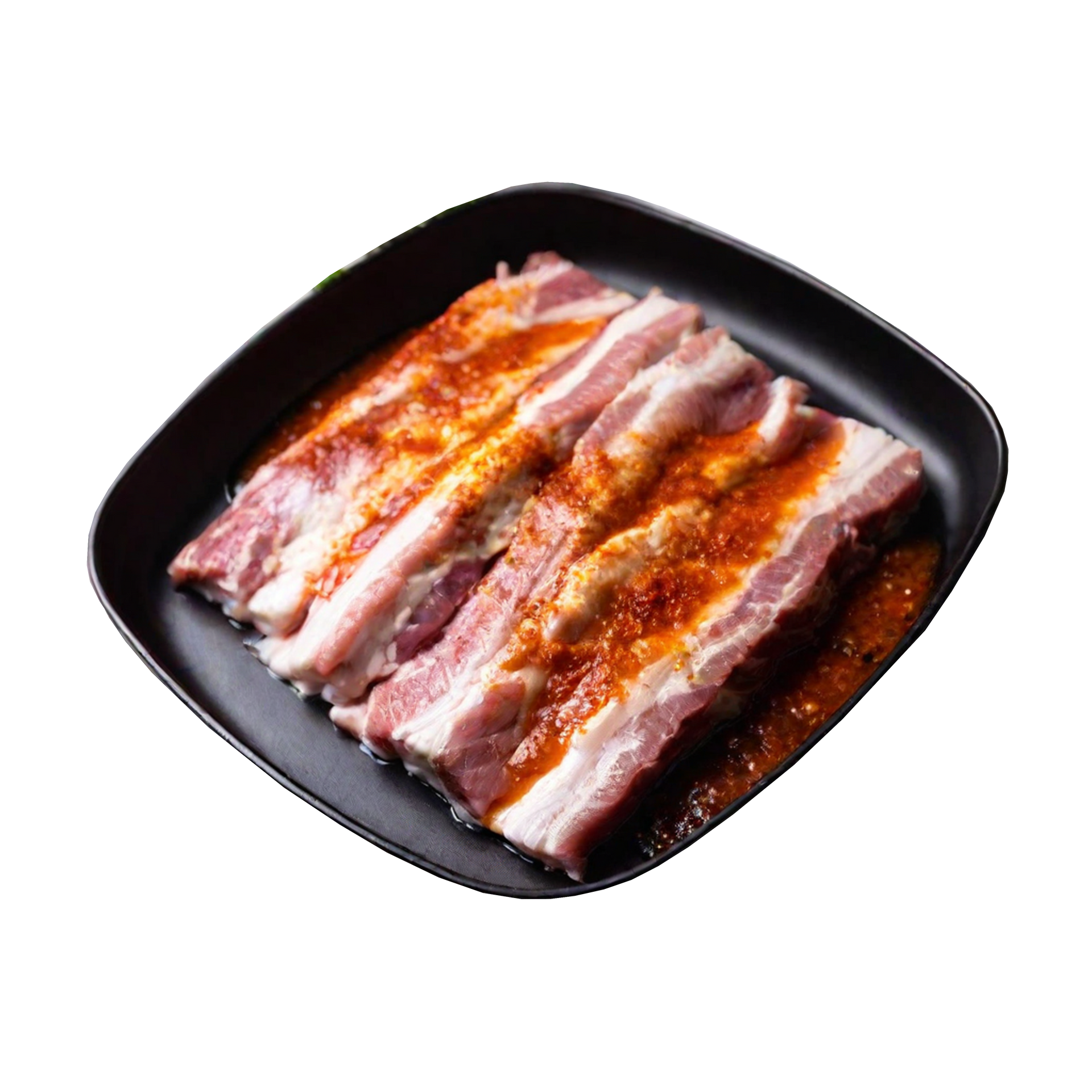 JPOT Japanese BBQ marinated pork belly on a black square plate angled view