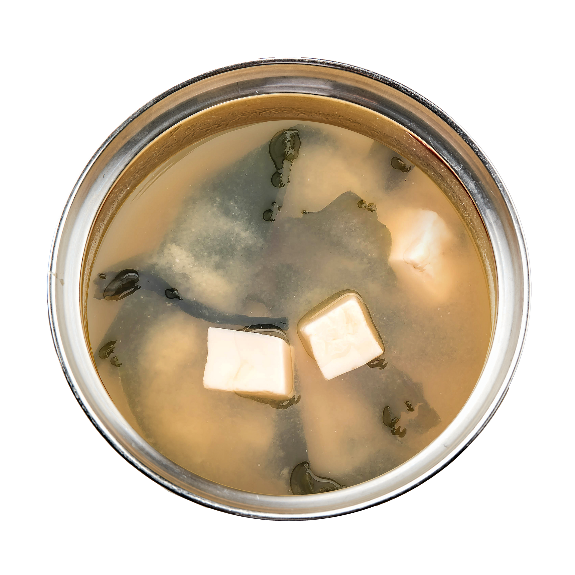 JPOT Japanese hot pot miso broth with seaweed and tofu in a metal pot bird's eye view