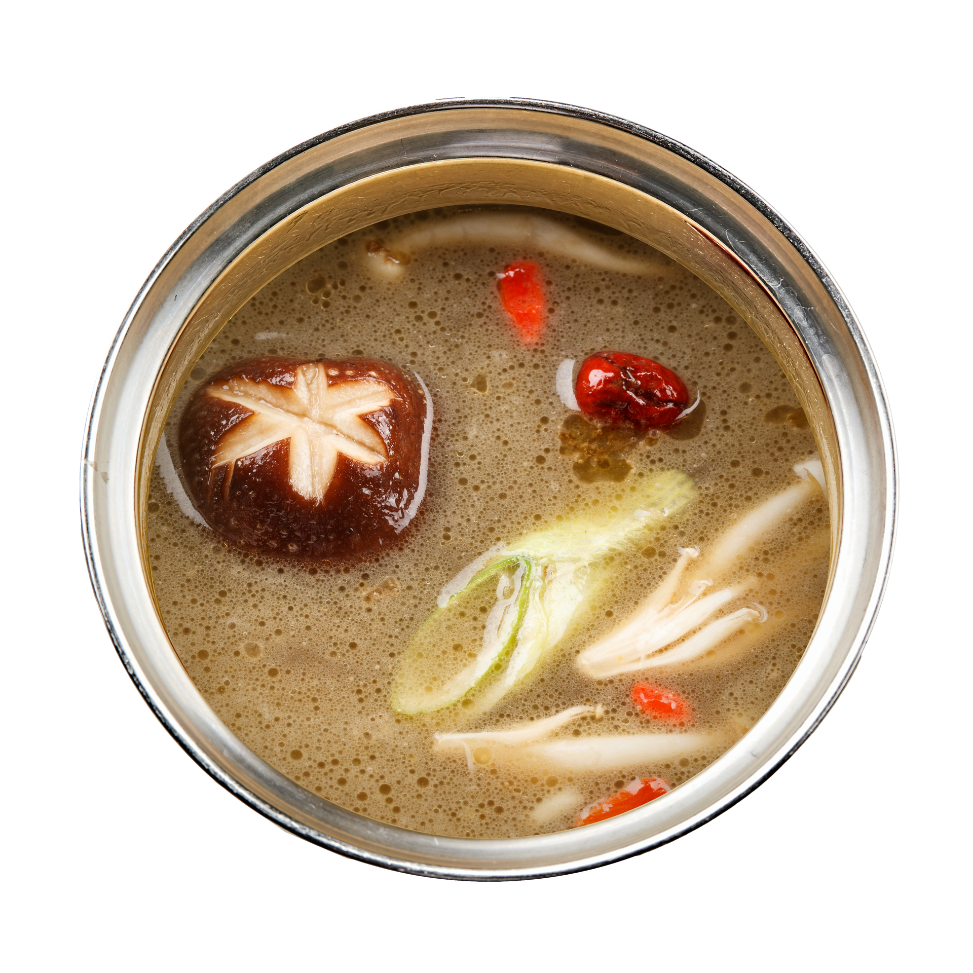 JPOT Japanese hot pot mushroom broth in a metal pot bird's eye view