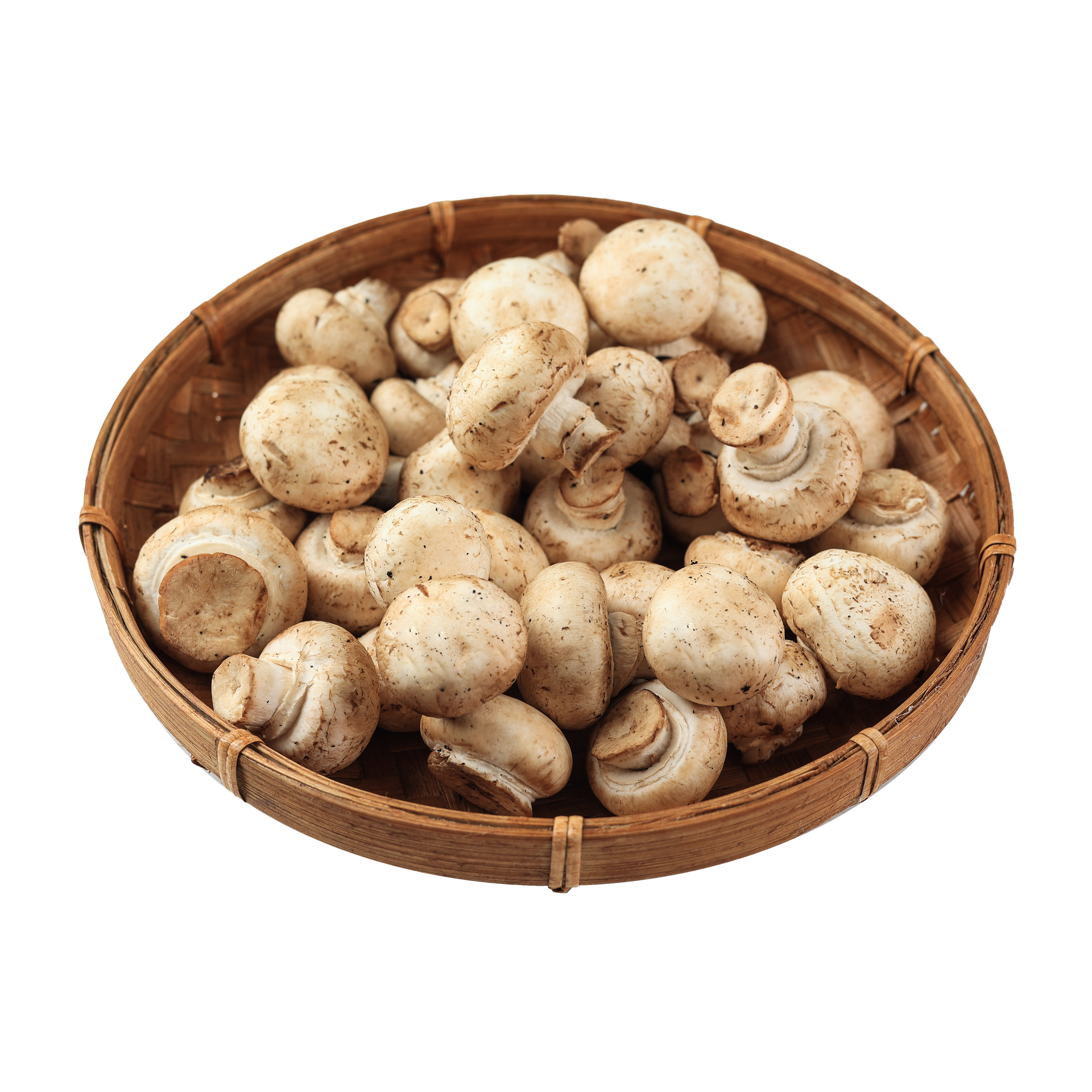 JPOT Japanese BBQ white mushrooms in a whicker basket angled view