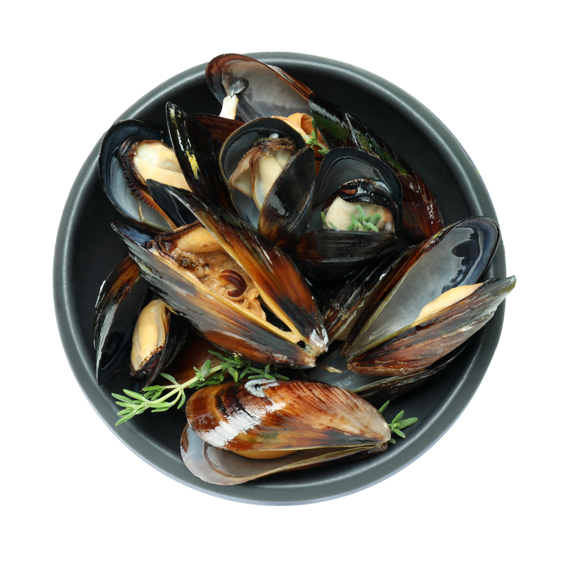 JPOT Japanese hot pot green mussels with herbs in a black bowl bird's eye view