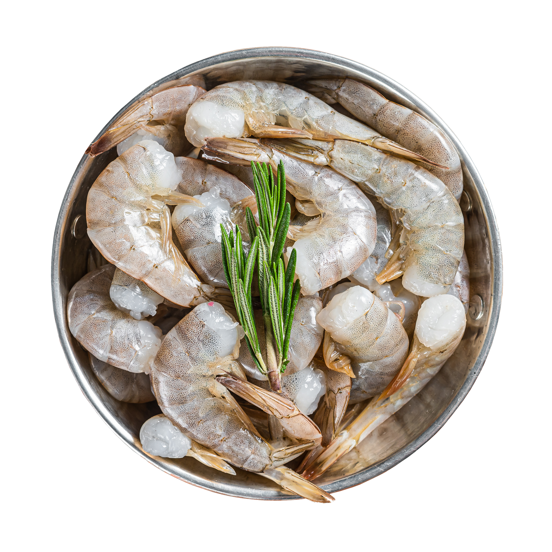 JPOT Japanese hot pot headless raw shrimp in a metal bowl with herb on top  bird's eye view