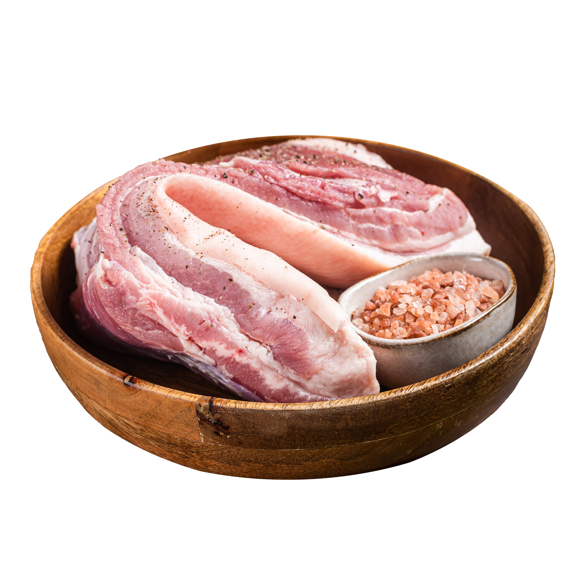JPOT Japanese BBQ pork belly with pink salt in a small dish in a wooden bowl angled view