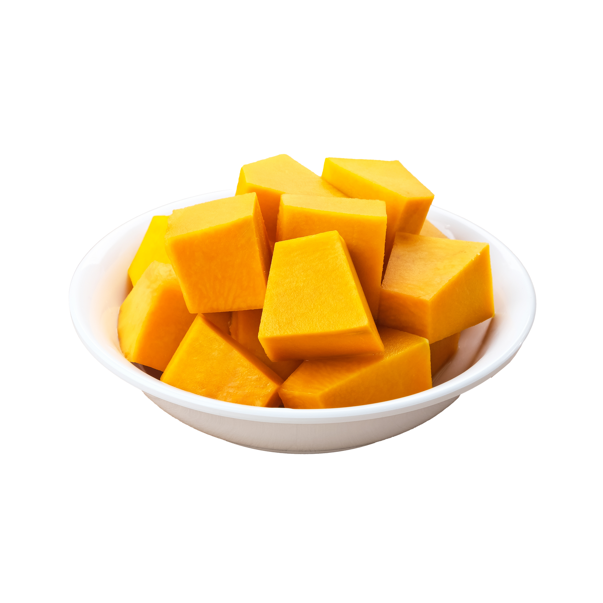 JPOT Japanese BBQ chopped pumpkin cubes in a white bowl angled view