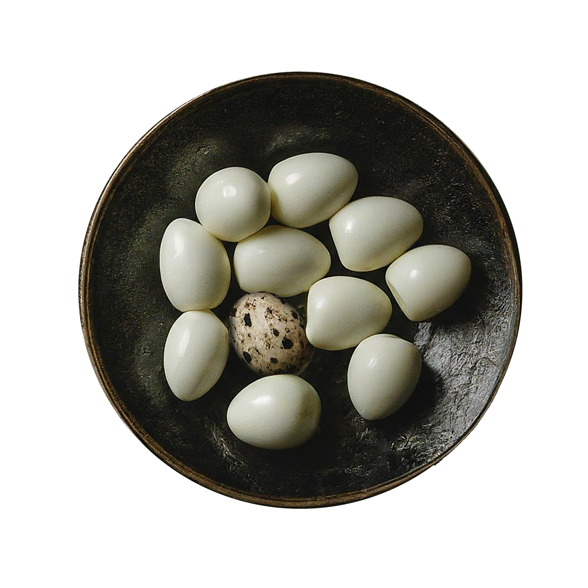 JPOT Japanese hot pot boiled and peeled quail eggs in a shallow black bowl bird's eye view