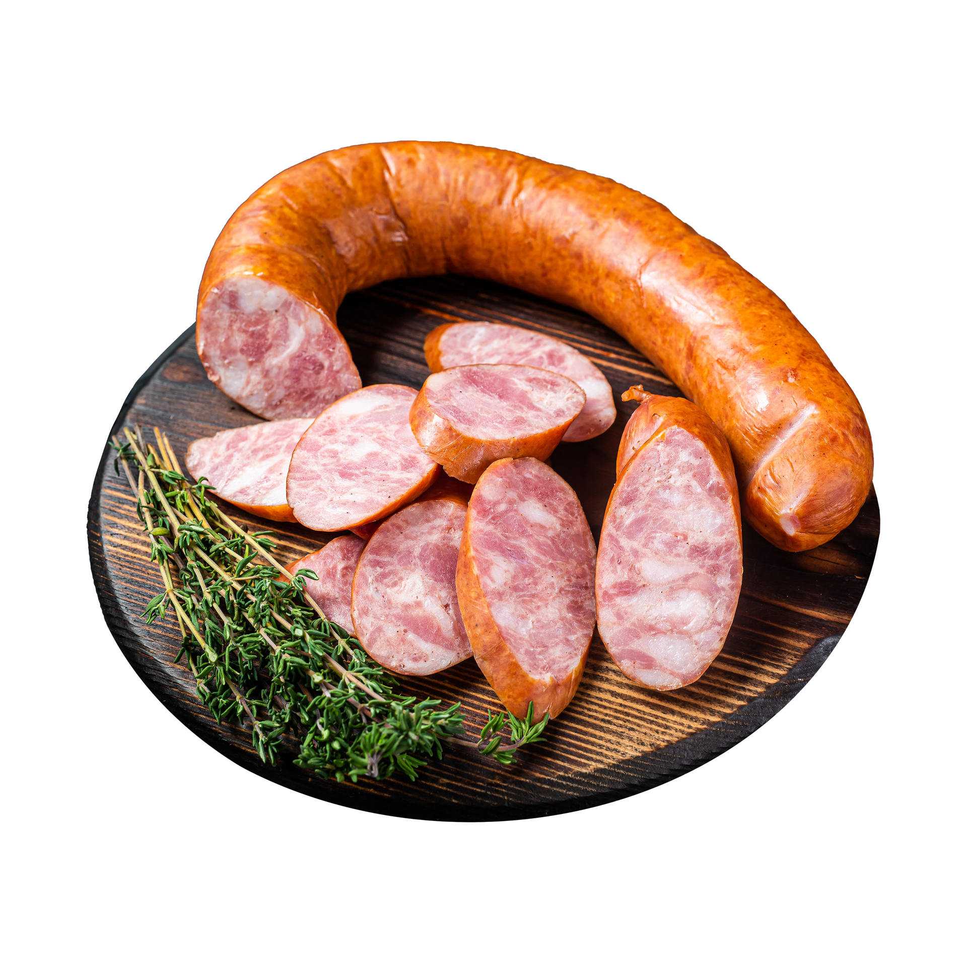 JPOT Japanese BBQ partially sliced red sausage on a wooden serving board angled view