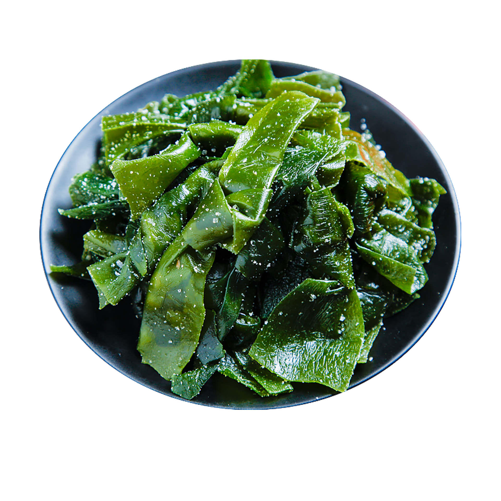 JPOT Japanese hot pot lightly salted seaweed knots on black plate bird's eye view