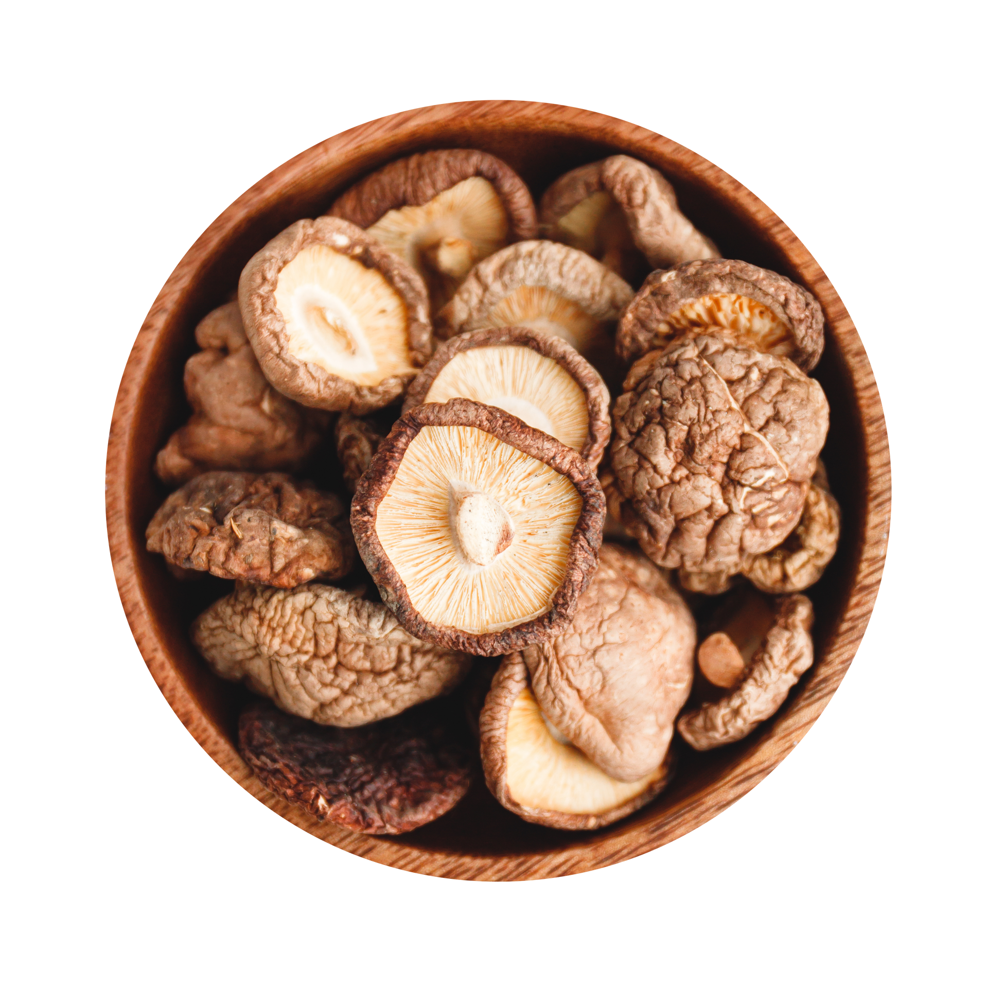 JPOT Japanese hot pot dried whole shiitake mushrooms in a wooden bowl bird's eye view