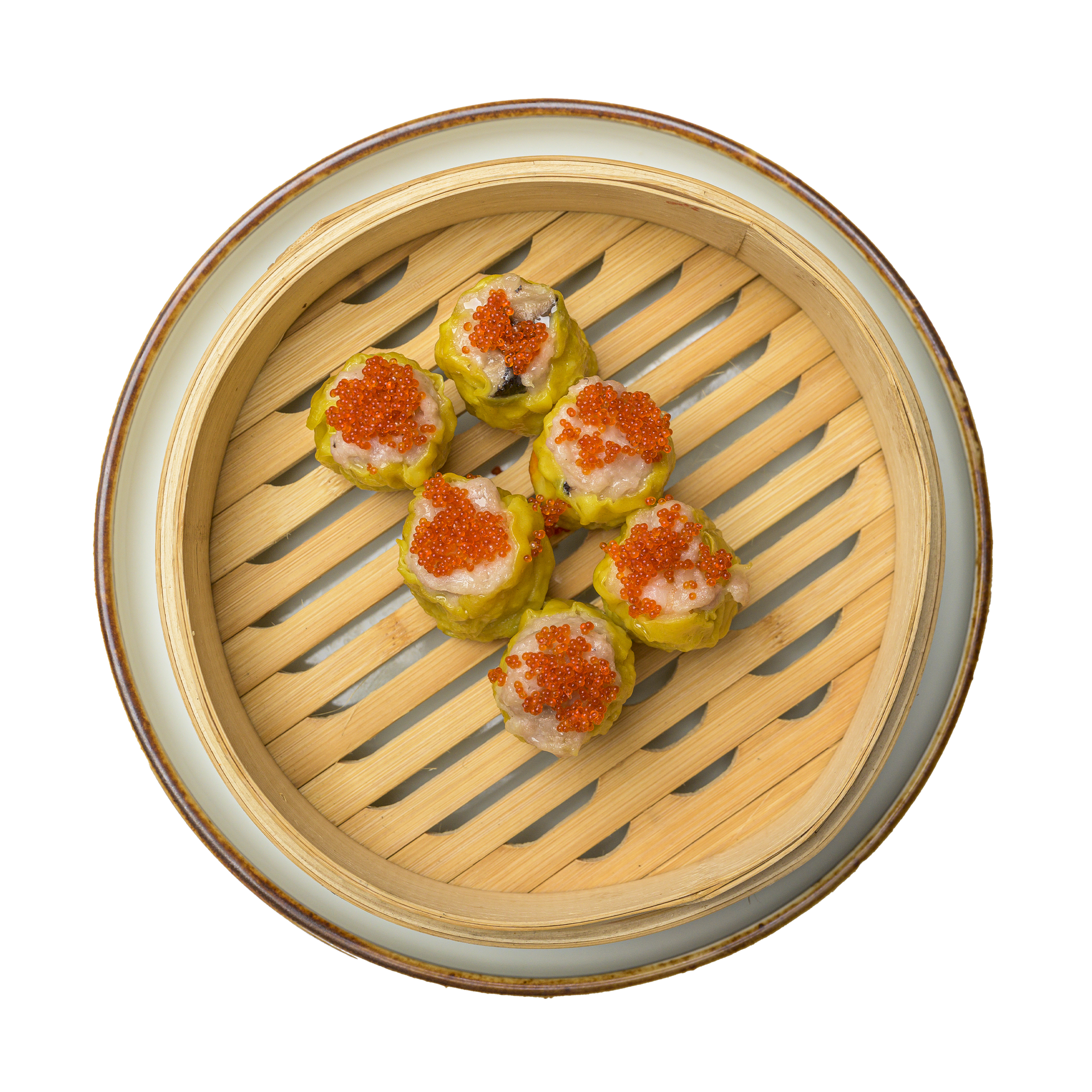 JPOT Japanese hot pot shrimp shumai in a bamboo steam basket on a ceramic plate bird's eye view