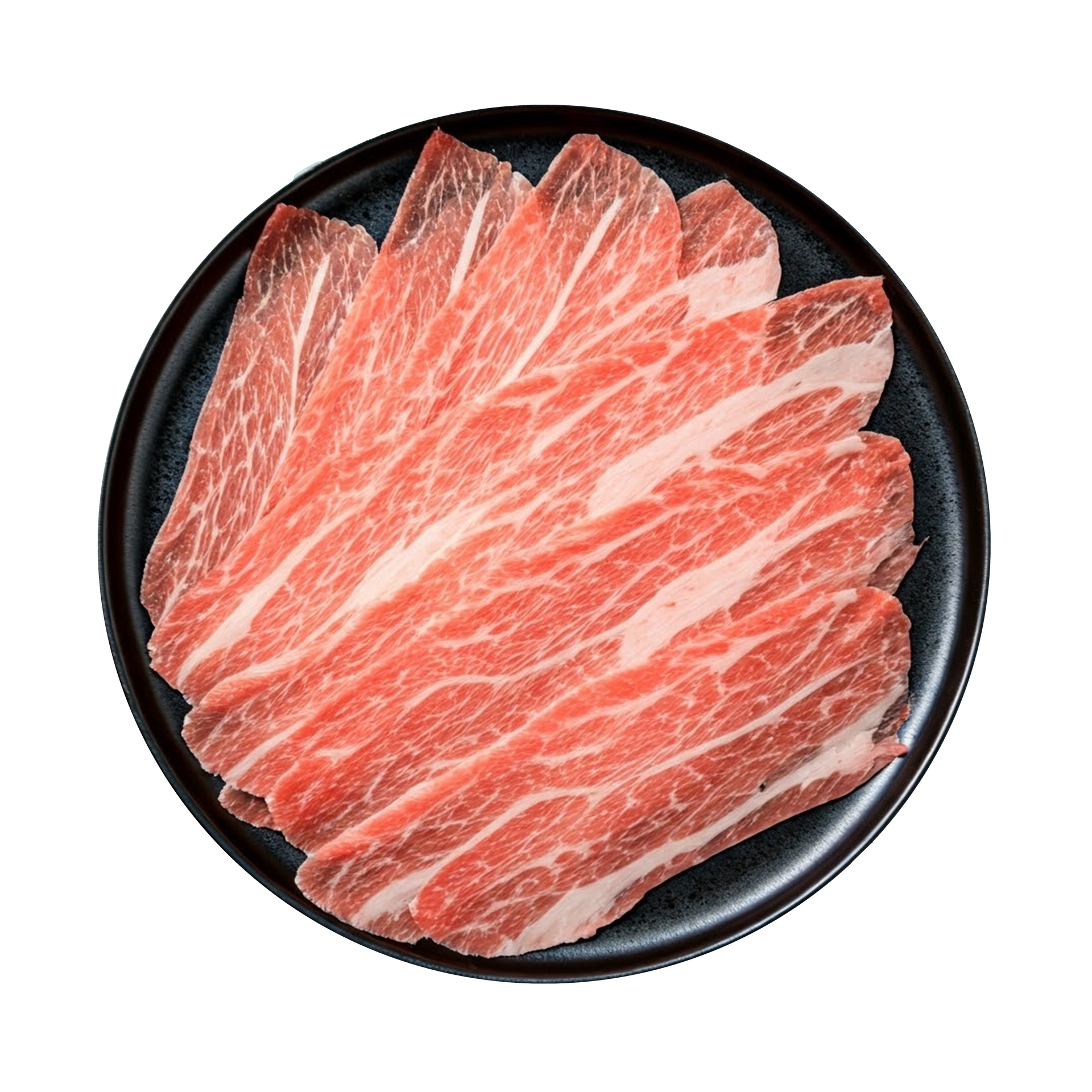 JPOT Japanese hot pot sliced beef on a black plate bird's eye view