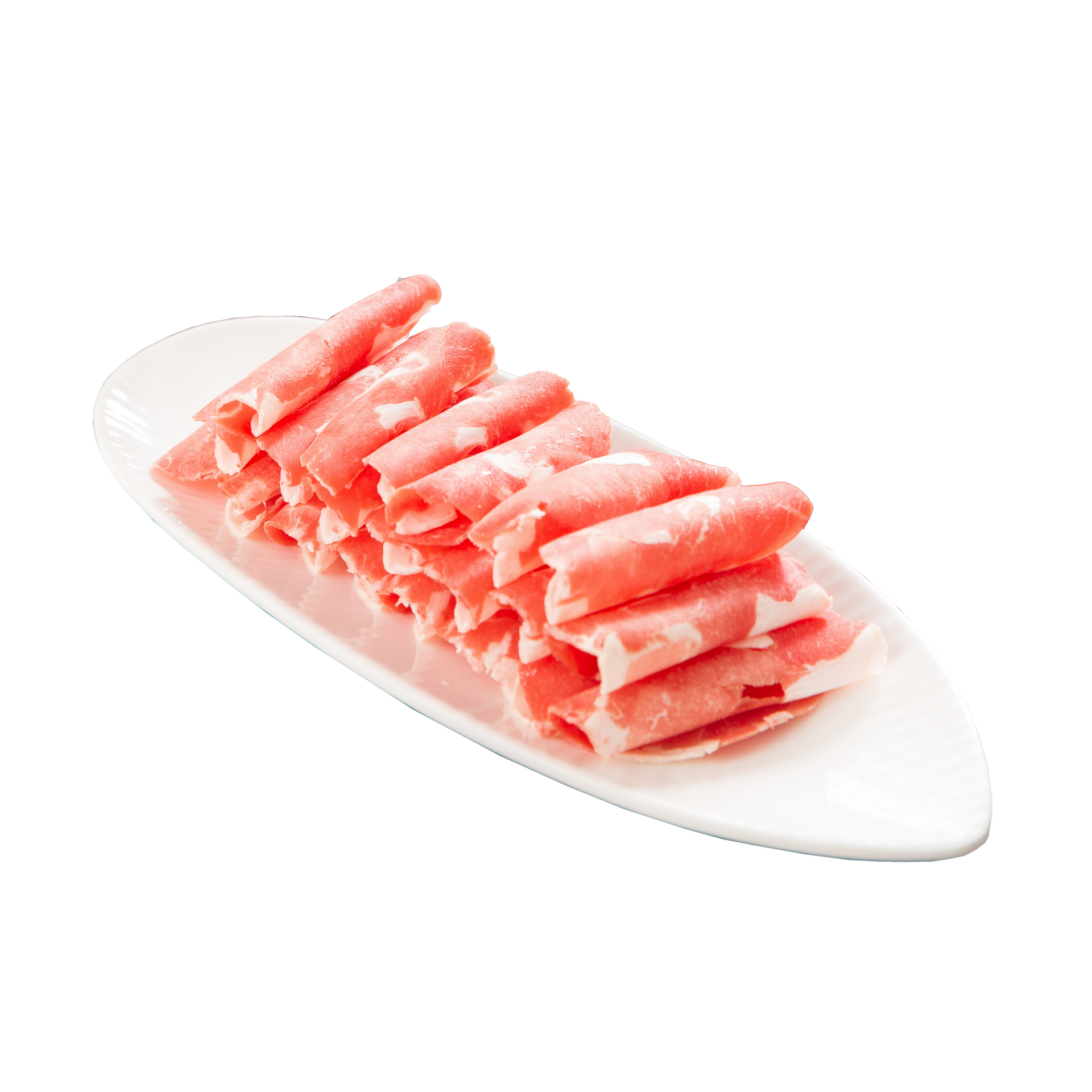 JPOT Japanese BBQ raw sliced lamb on a white plate angled view