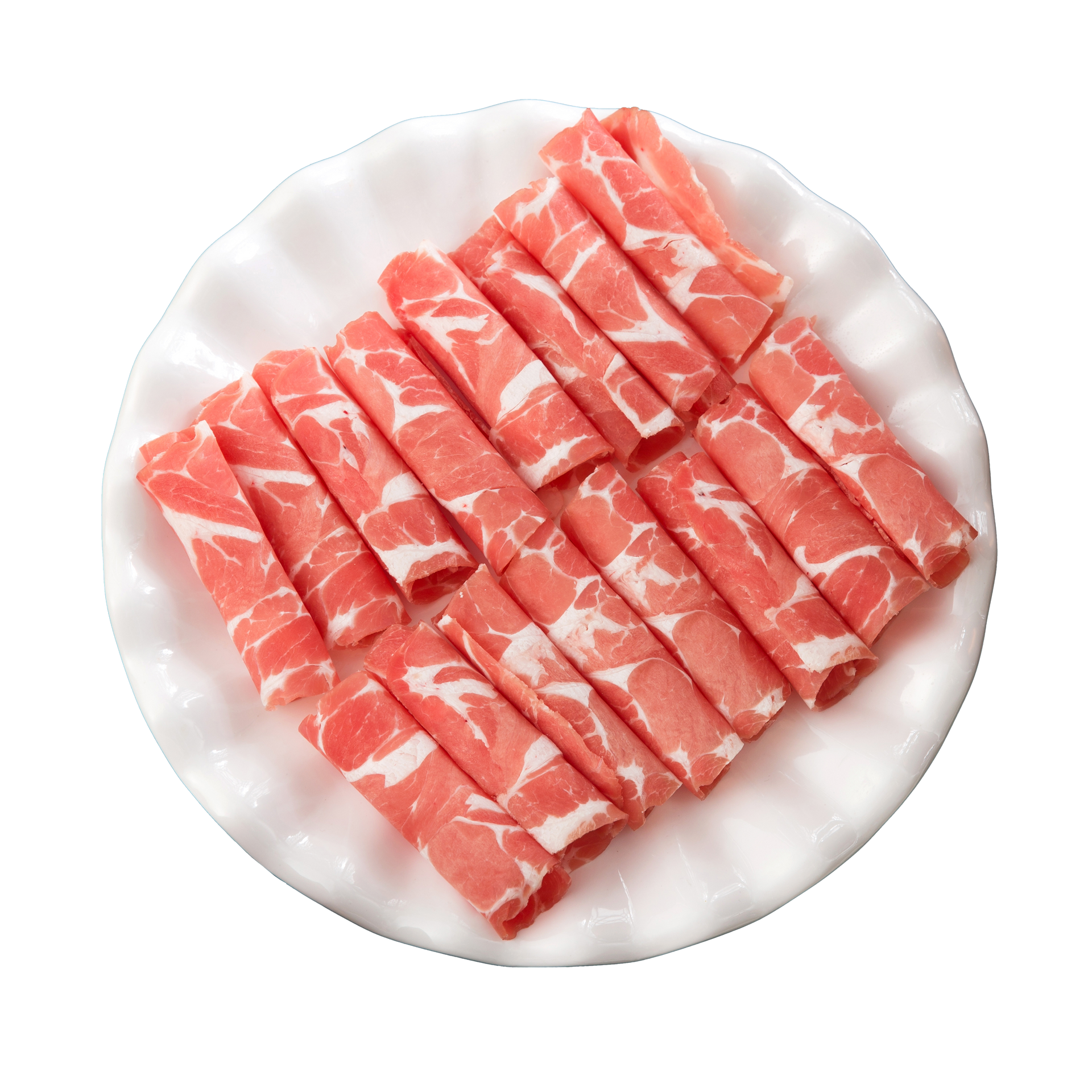 JPOT Japanese hot pot raw sliced lamb on a white plate bird's eye view