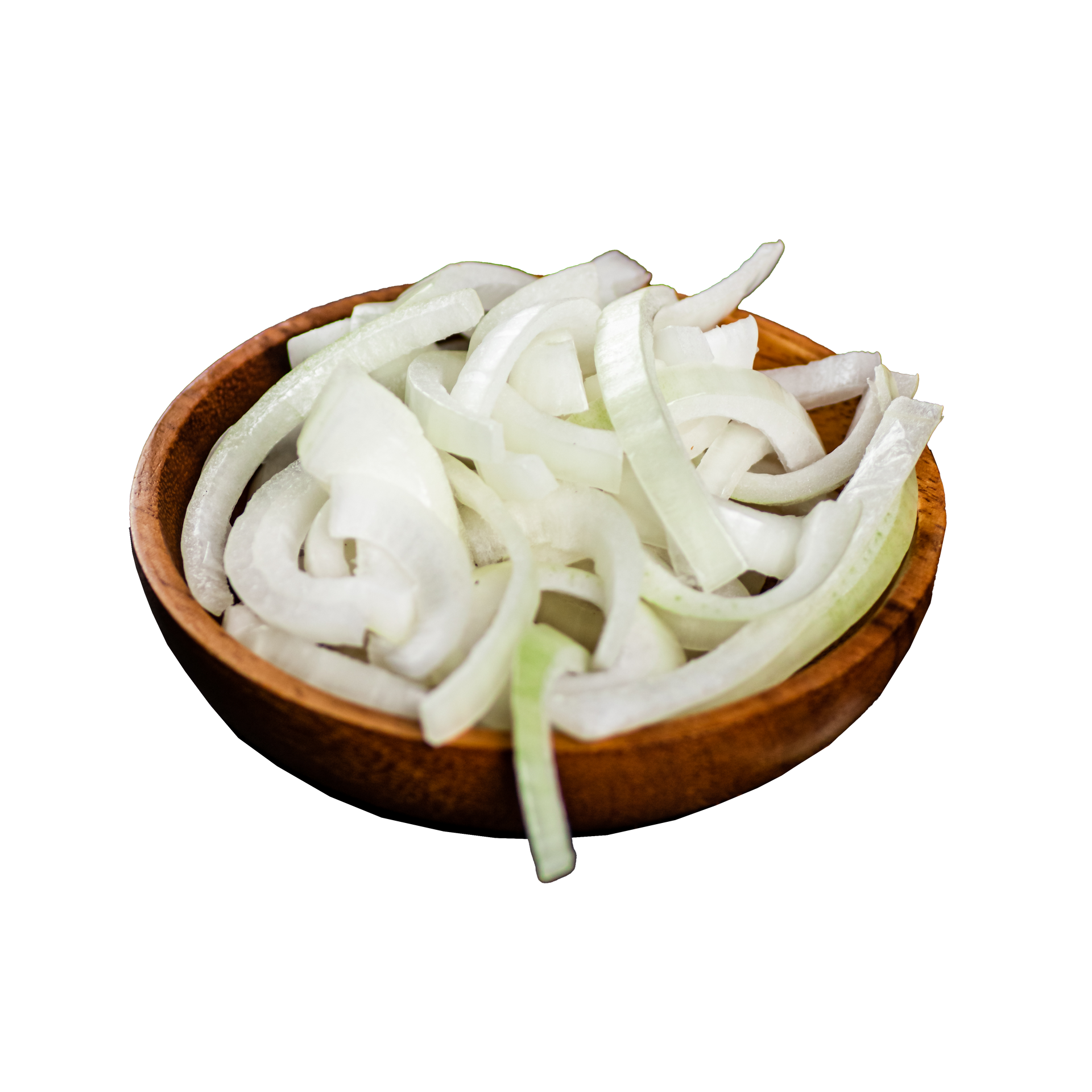 JPOT Japanese BBQ sliced white onions in a wooden bowl angled view
