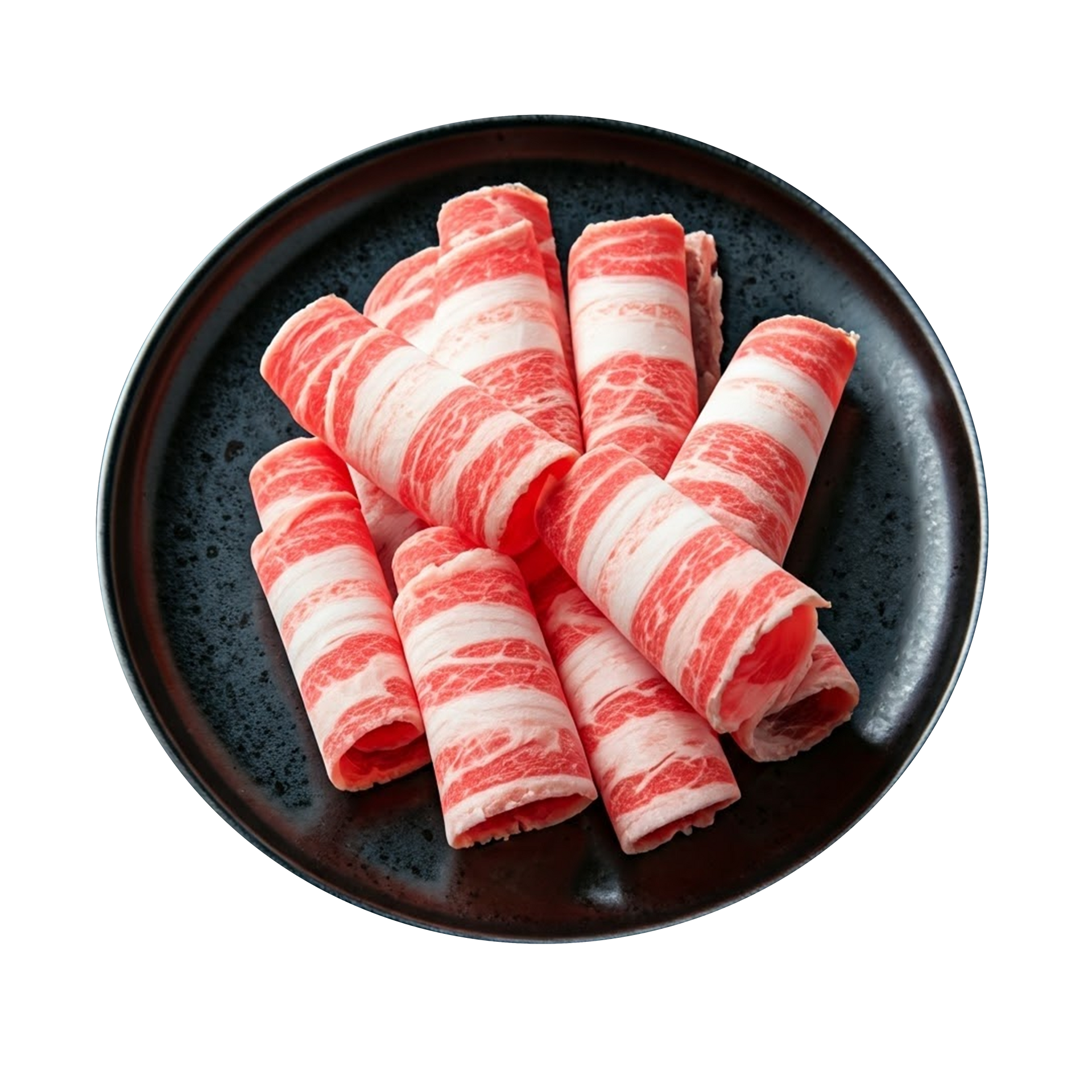 JPOT Japanese hot pot sliced raw pork belly on a black plate bird's eye view