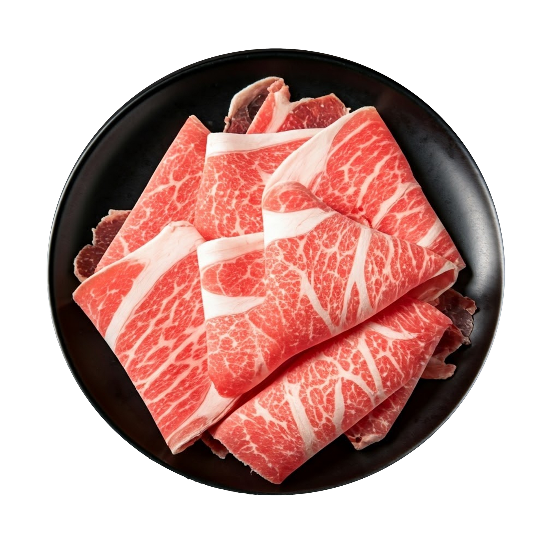 JPOT Japanese hot pot sliced raw ribeye on a black plate bird's eye view