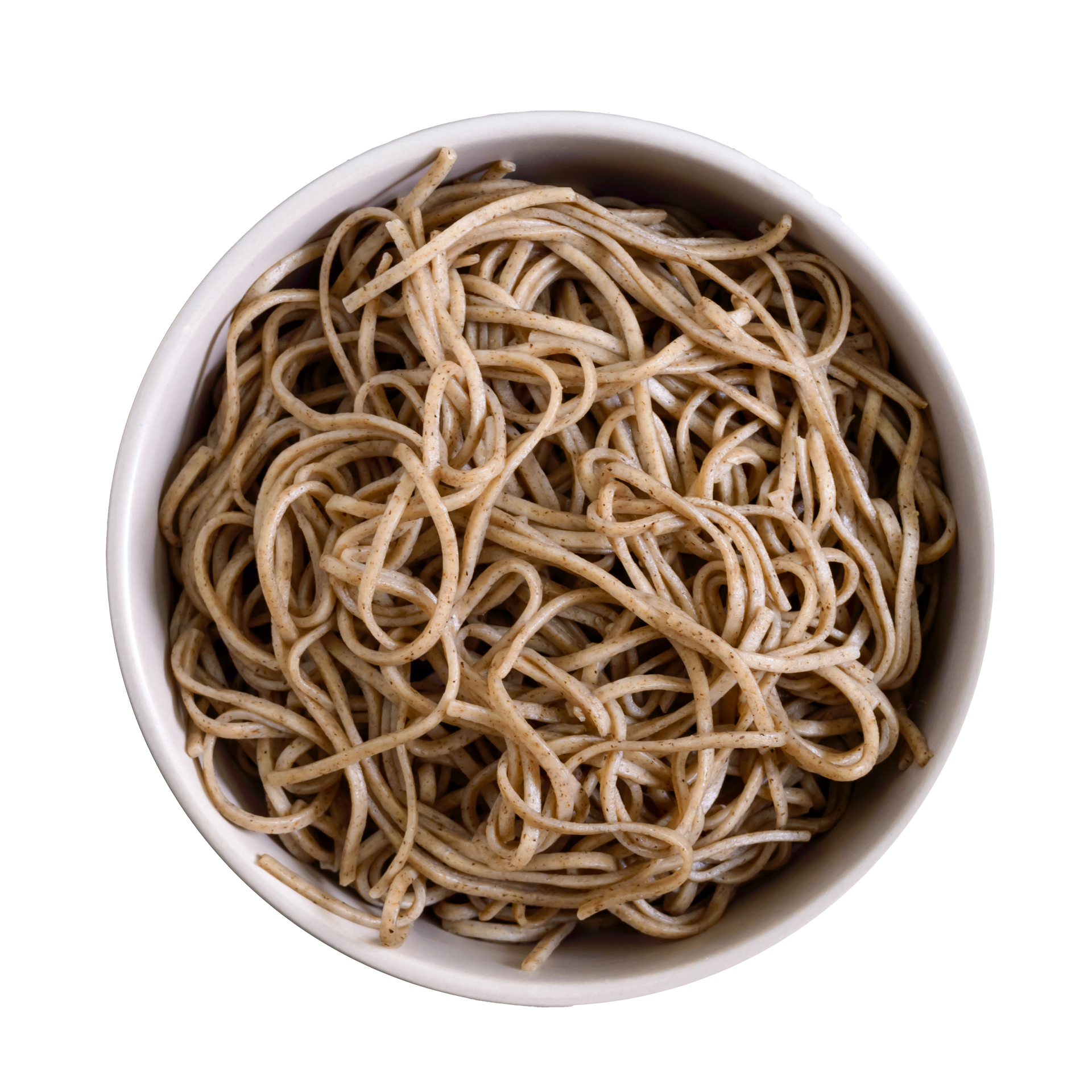 JPOT Japanese hot pot brown yakisoba soba noodles in a white bowl bird's eye view