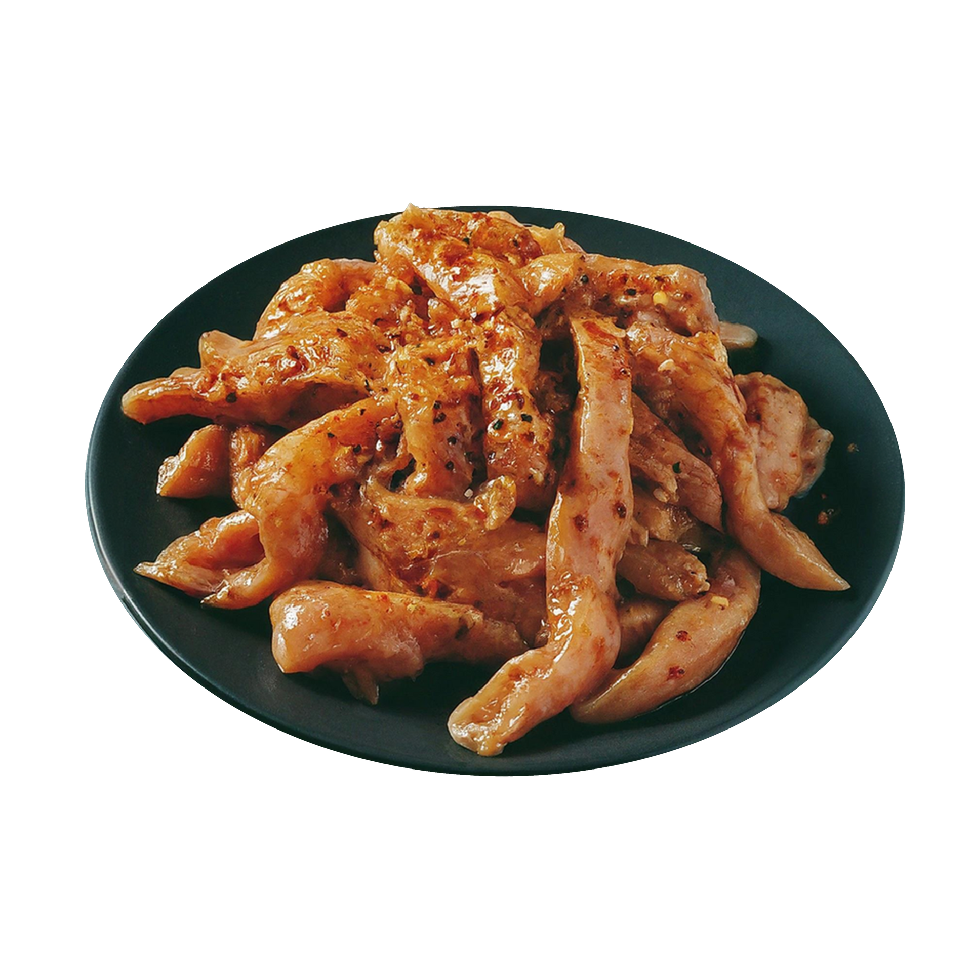 JPOT Japanese BBQ spicy raw chicken on a black plate angled view