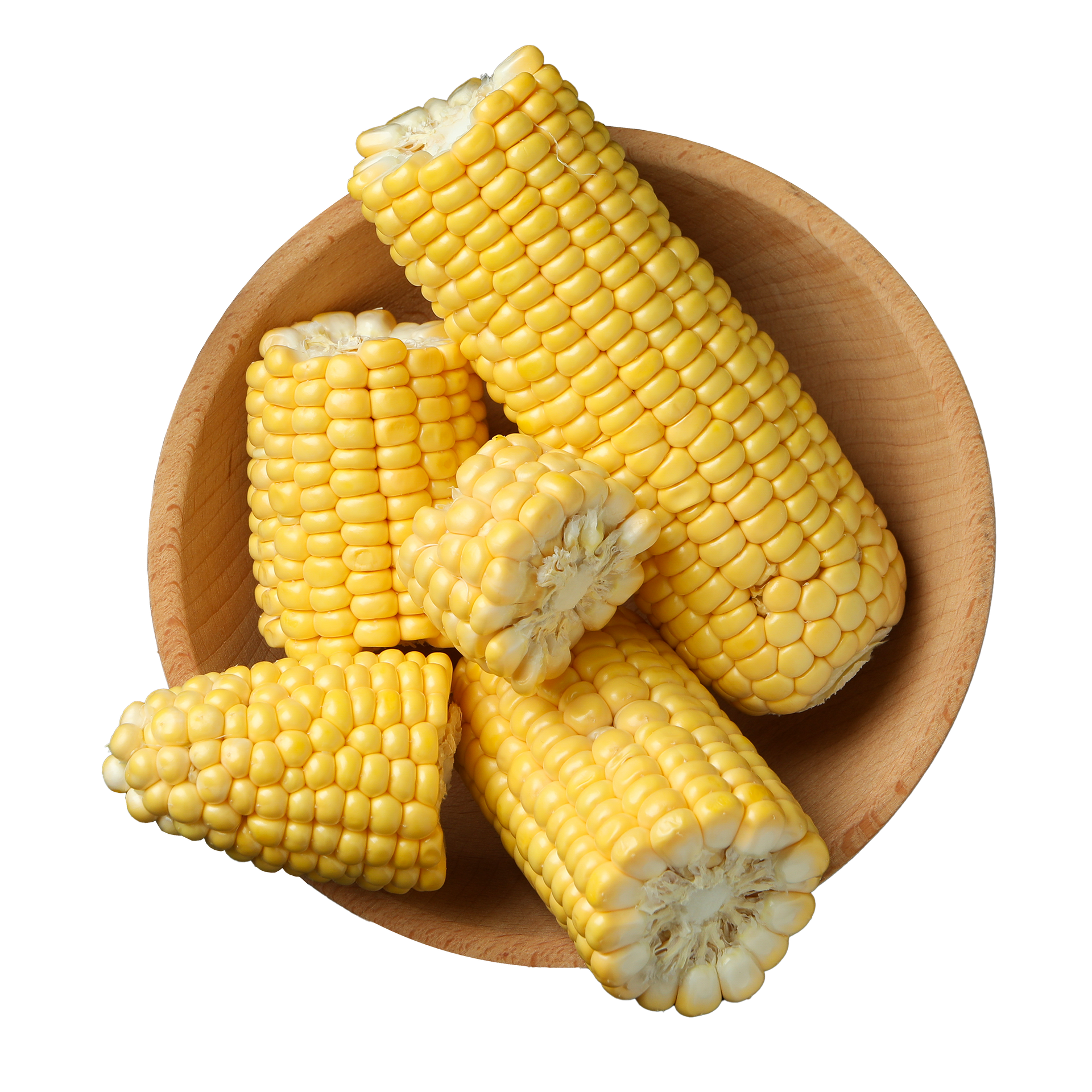 JPOT Japanese hot pot whole and cut up sweet corn in a wooden circular bowl bird's eye view