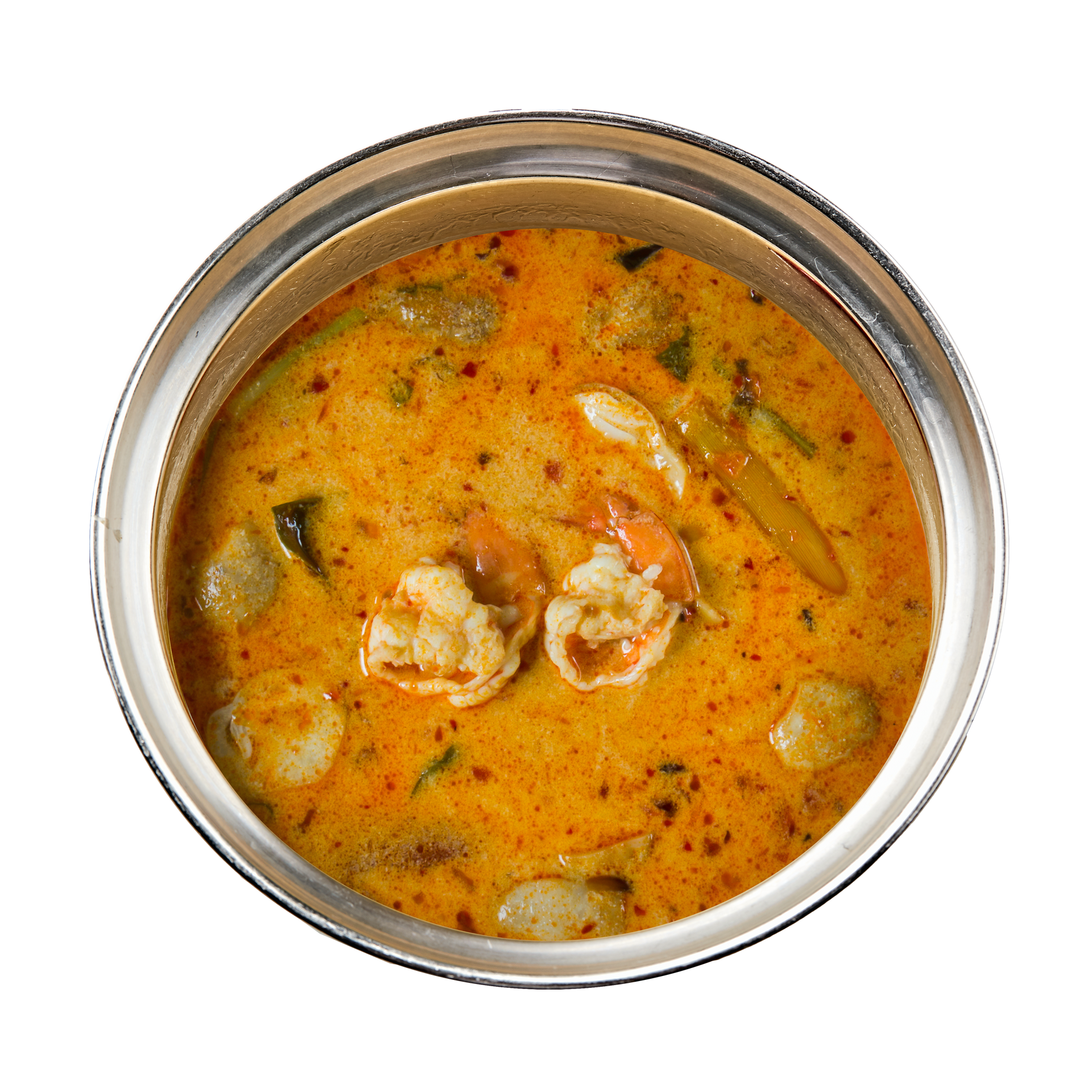 JPOT Japanese hot pot tom yum broth with shrimp and onions in a metal pot bird's eye view