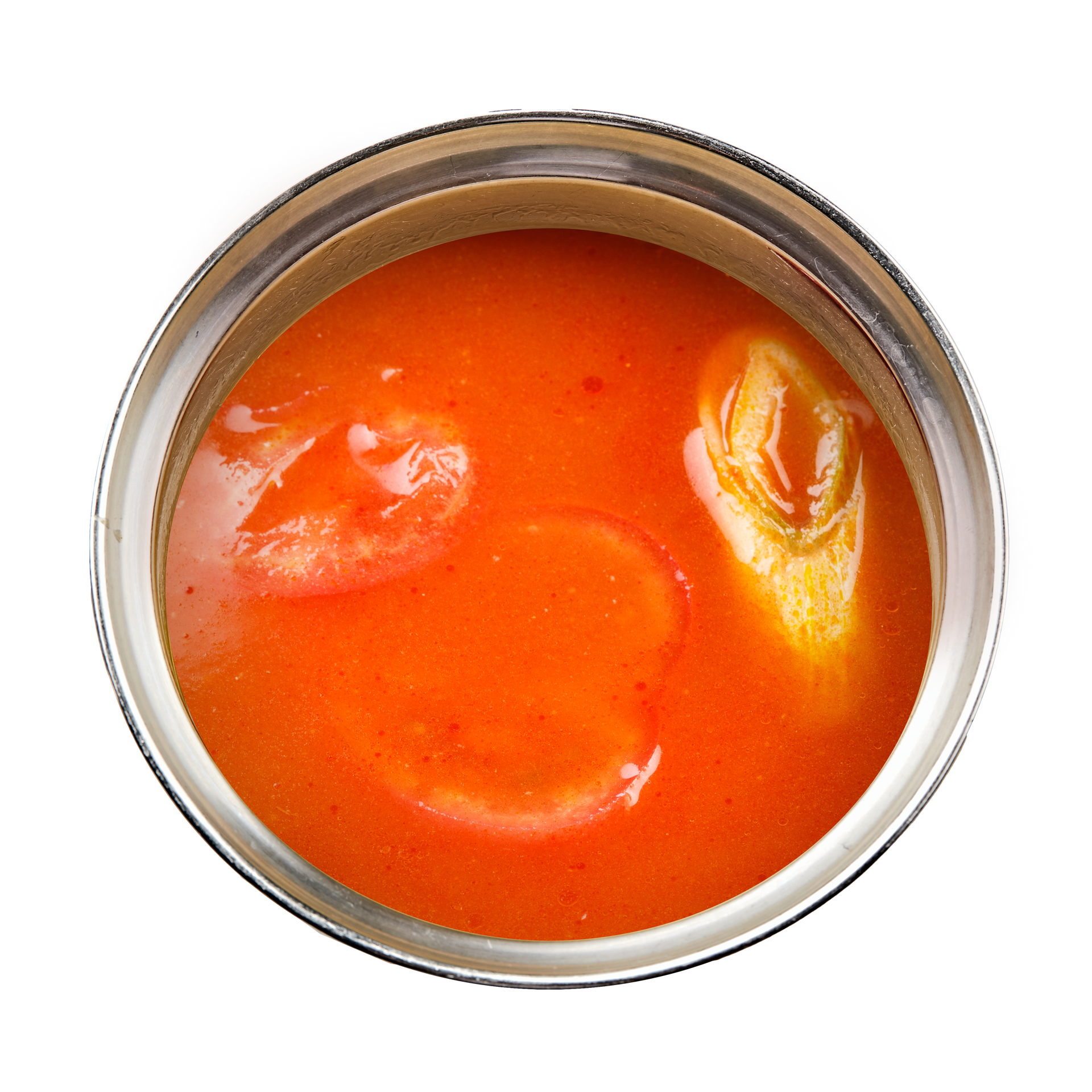 JPOT Japanese hot pot tomato broth in a metal pot bird's eye view