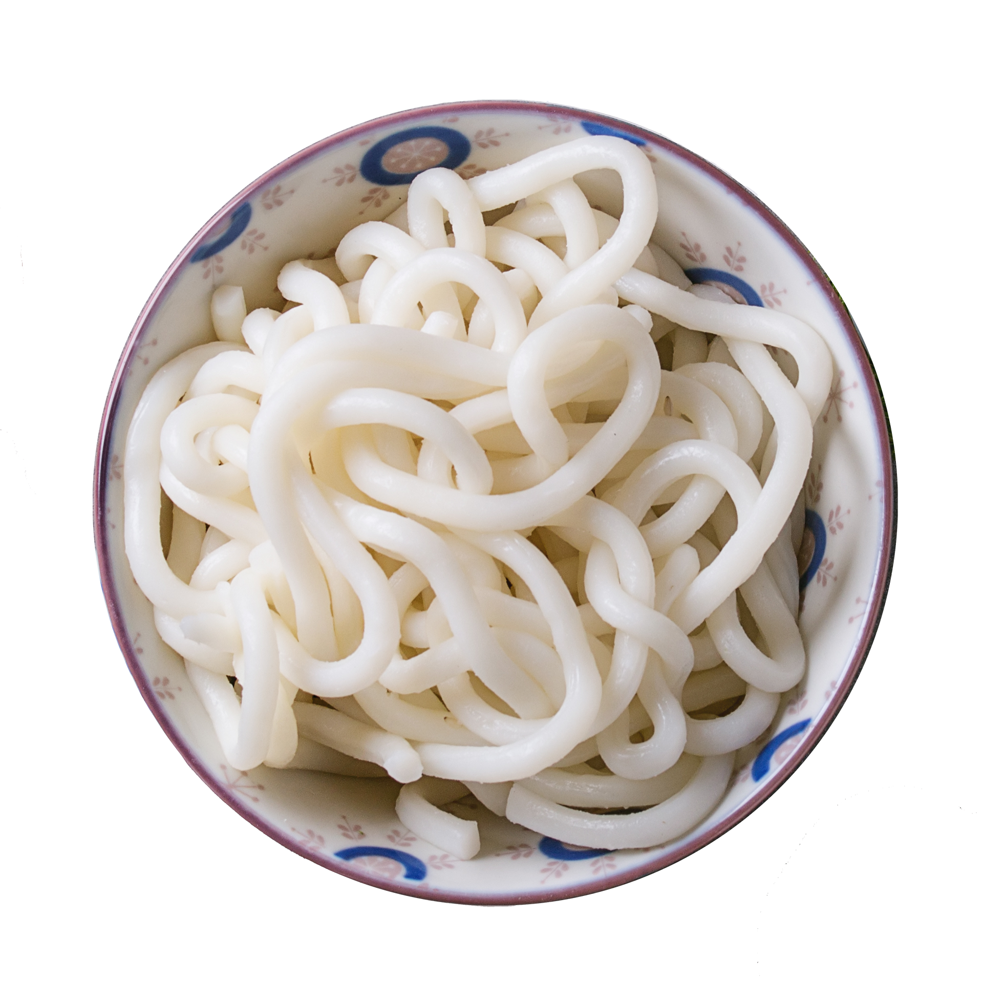 JPOT Japanese hot pot soft white raw udon noodles in a blue and white ceramic bowl bird's eye view