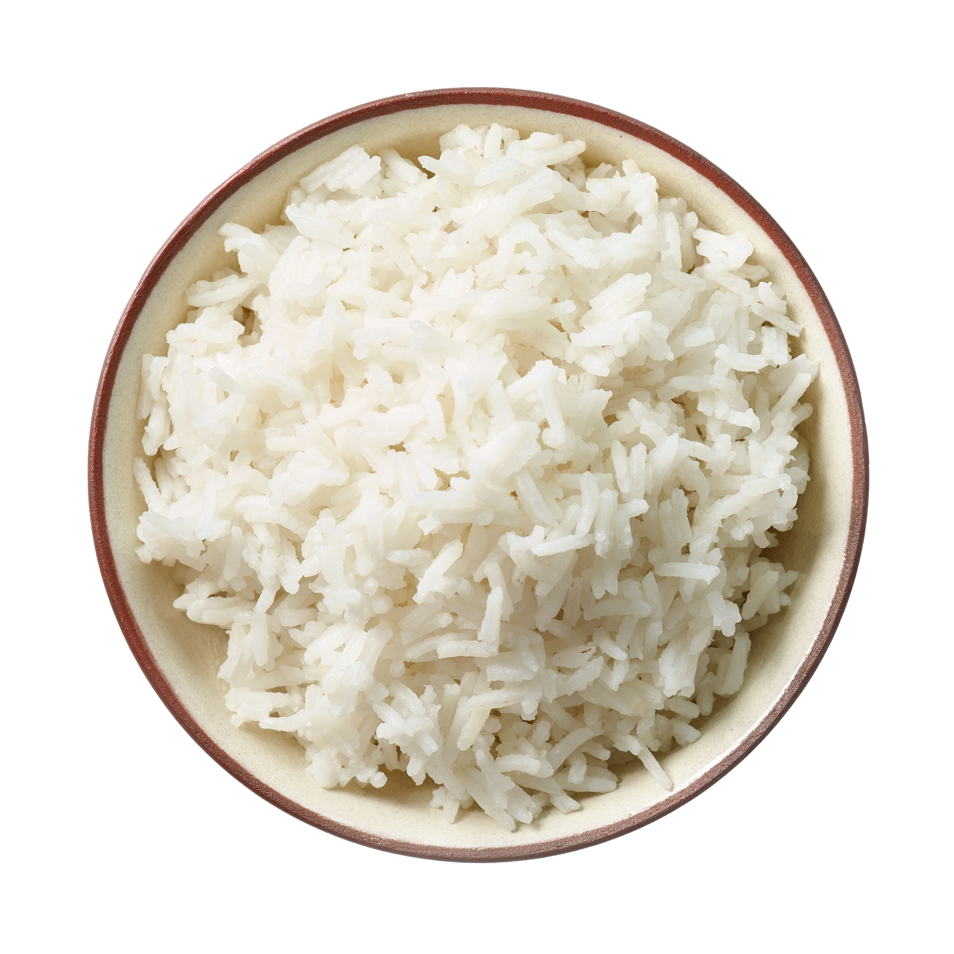 JPOT Japanese hot pot steamed white rice in a cream and brown-rimmed bowl bird's eye view
