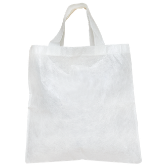 A white tote bag with a white handle on a white background.