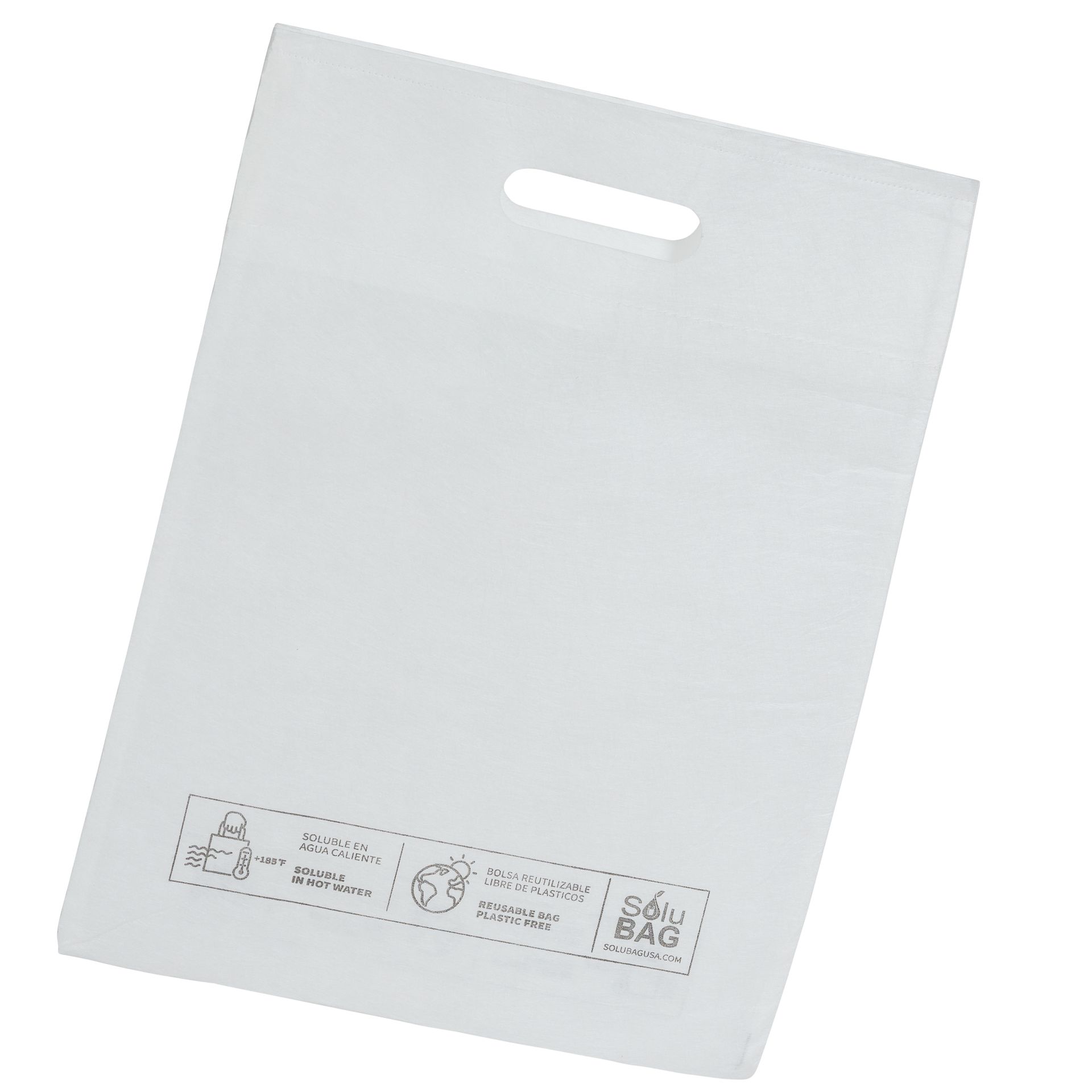 A white plastic bag with a handle on a white background.