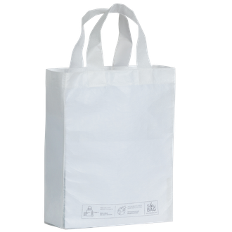 A white tote bag with a white handle on a white background.