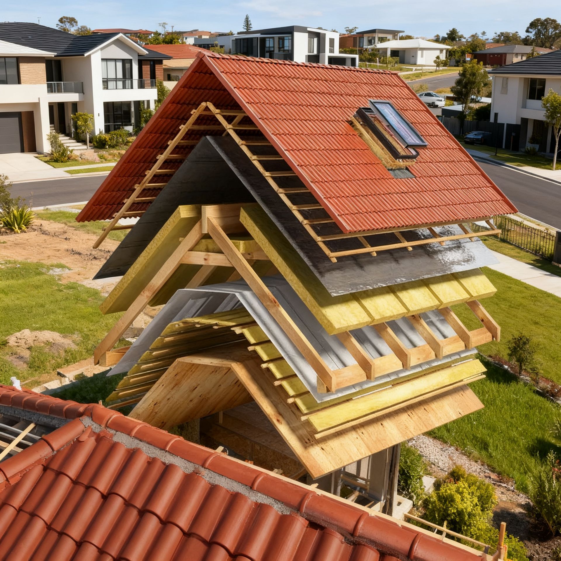 Cross-section diagram of a house roof, showing layers of construction, with red tile, insulation, and support beams.
