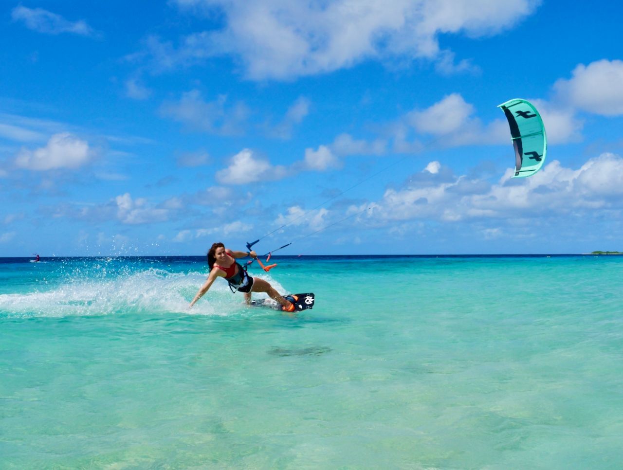 A woman is flying a kite in the ocean.