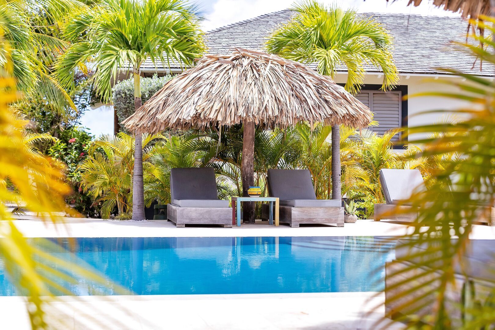 Tropisch zwembad met palmbomen en een gezellige palapa bij Windhoek Boutique Resort op Bonaire.