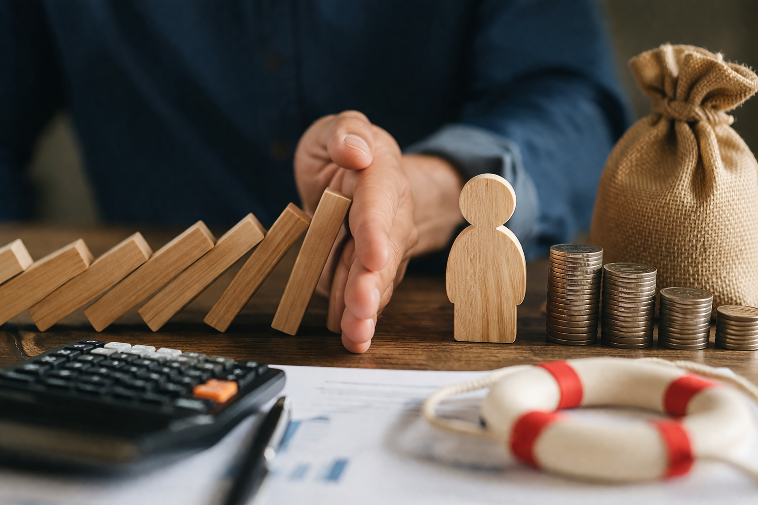 Una mano ferma una fila di tessere del domino di legno prima che colpiscano una figura di legno accanto a dei soldi e a un salvagente su una scrivania.