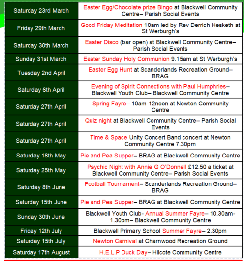 Image of the local Blackwell Parish Events. Please contact us if you would like a list.