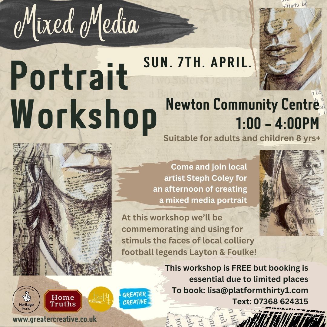 Poster about a portrait workshop in Newton on Sunday 7th April.