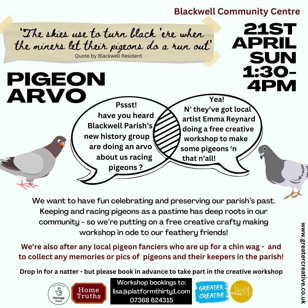 Poster about a Pigeon afternoon on Sunday 21st April in Blackwell.