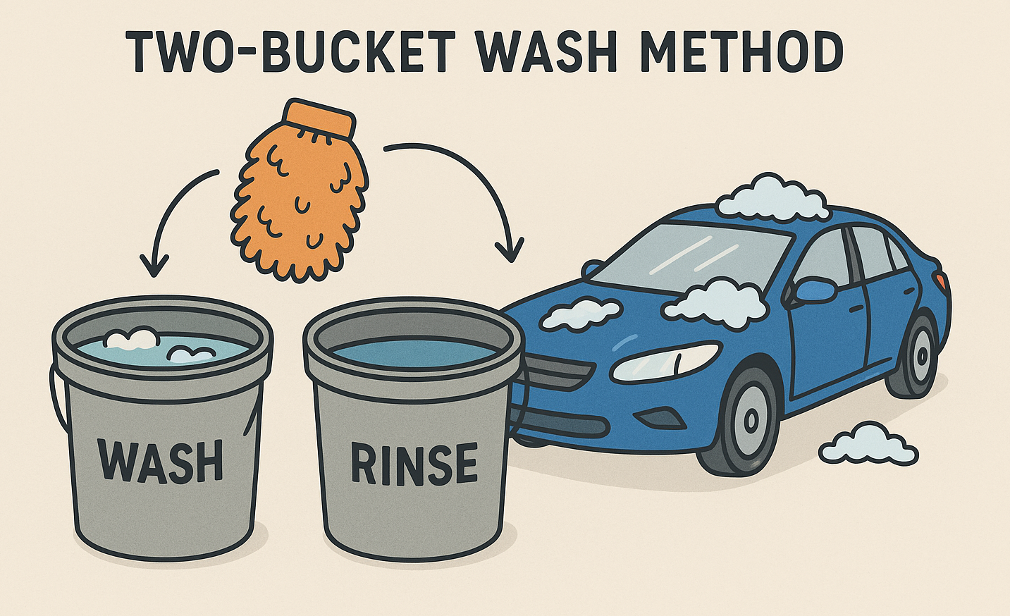 Cartoon image of the two-bucket wash method for cars