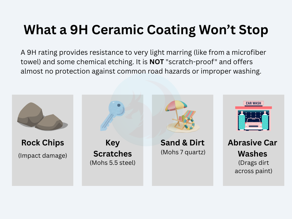 Infographic show what a ceramic coating will not protect a vehicle's paint from including, rocks (impact damage), key scratches, sand and dirt, and car washes (drag dirt across vehicle)